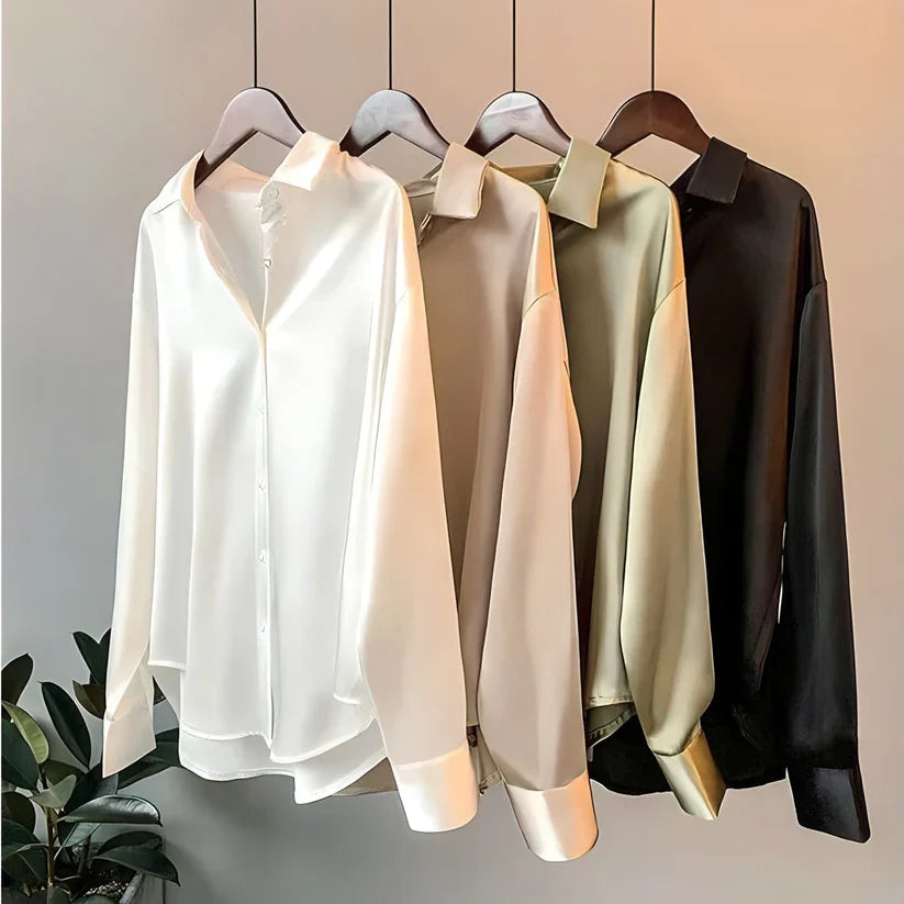 Silk Blouse for Women - White Long Sleeve Loose Elegant Office Top