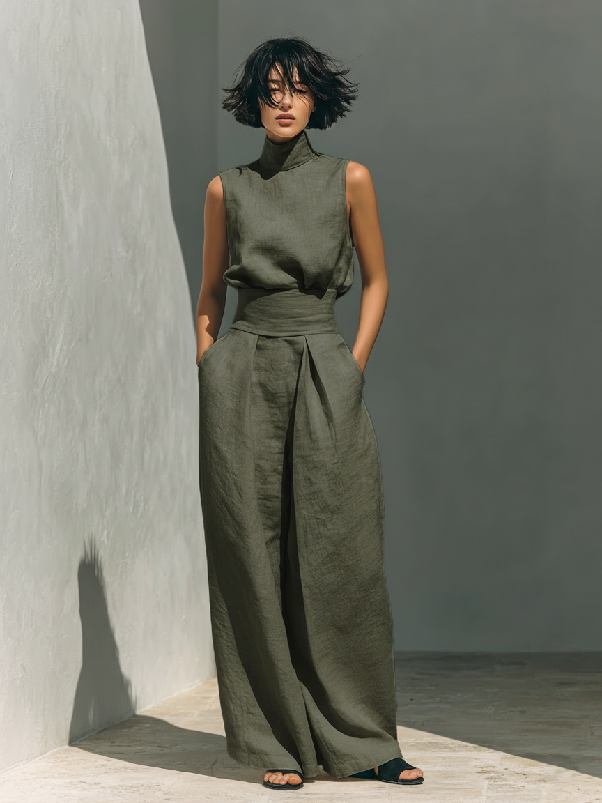 Sleeveless Blouse and Wide Leg Pants Set