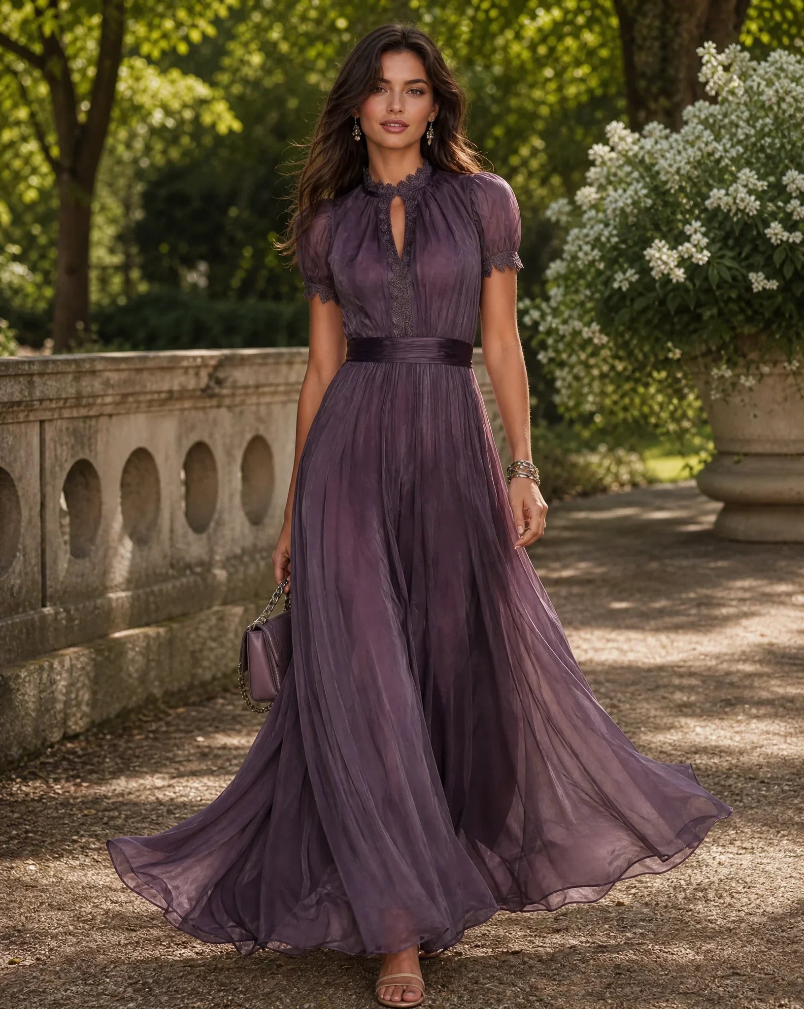 Floral Pleated Long Sleeve Maxi Evening Dress