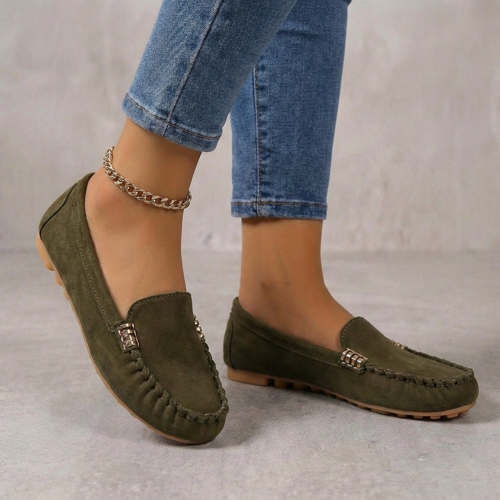 Driving Moccasins with Metallic Accent and Orthopedic Sole