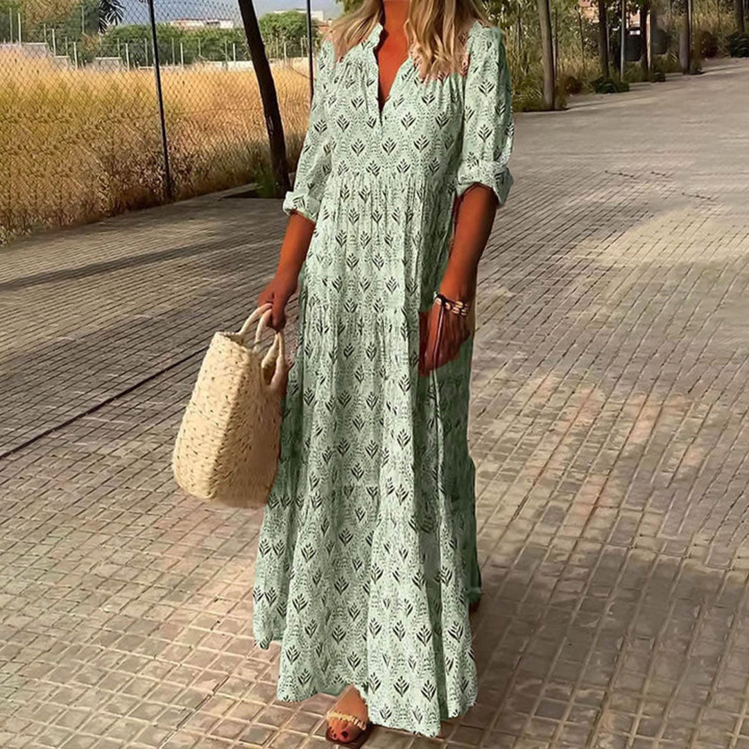 Boho Print V-Neck Maxi Dress With Roll-Up Sleeves