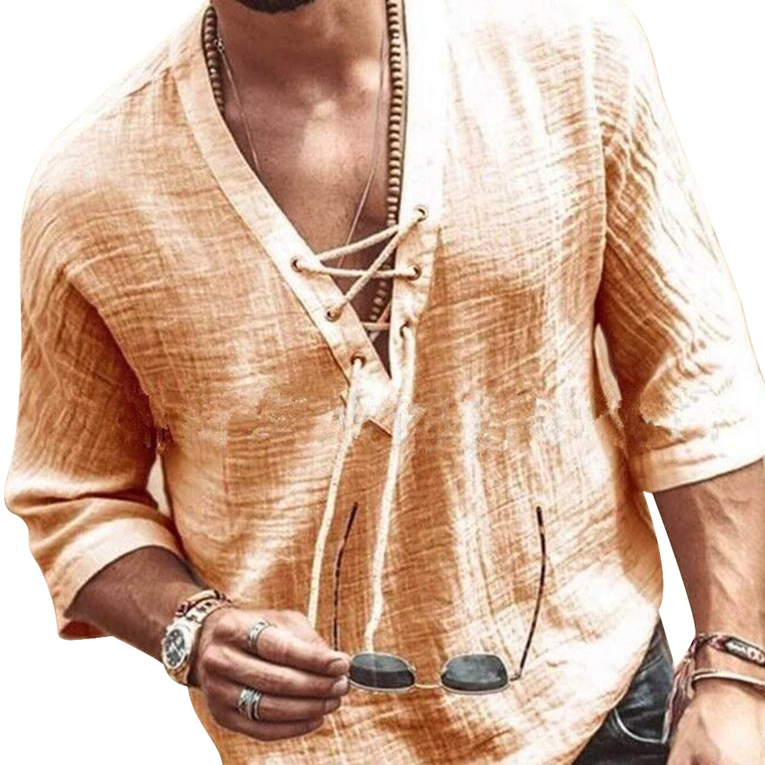 Men Open Collar Drawstring Summer Shirt