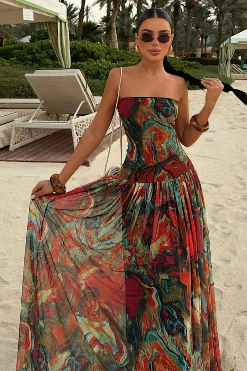 Strapless Wrap Neckline Pleated Maxi Dress