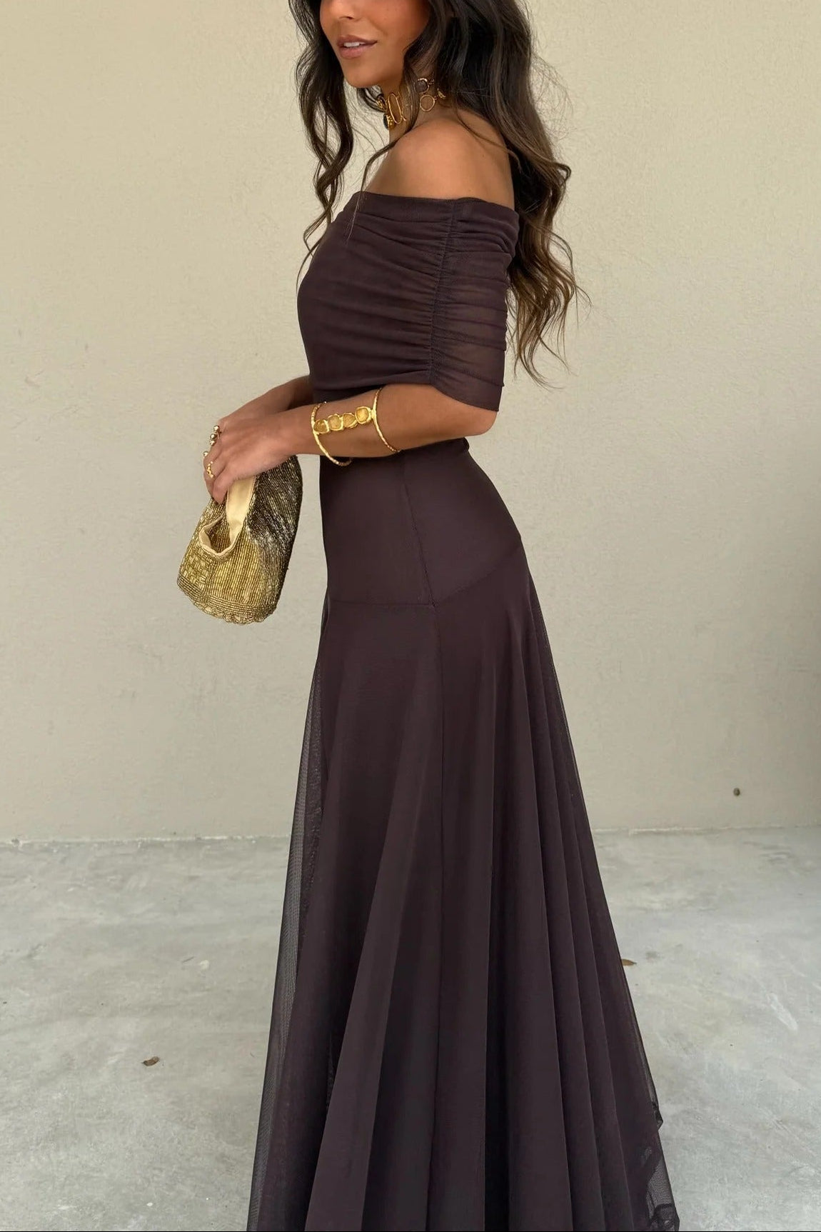 One-Shoulder Mesh Maxi Dress With Full Lining