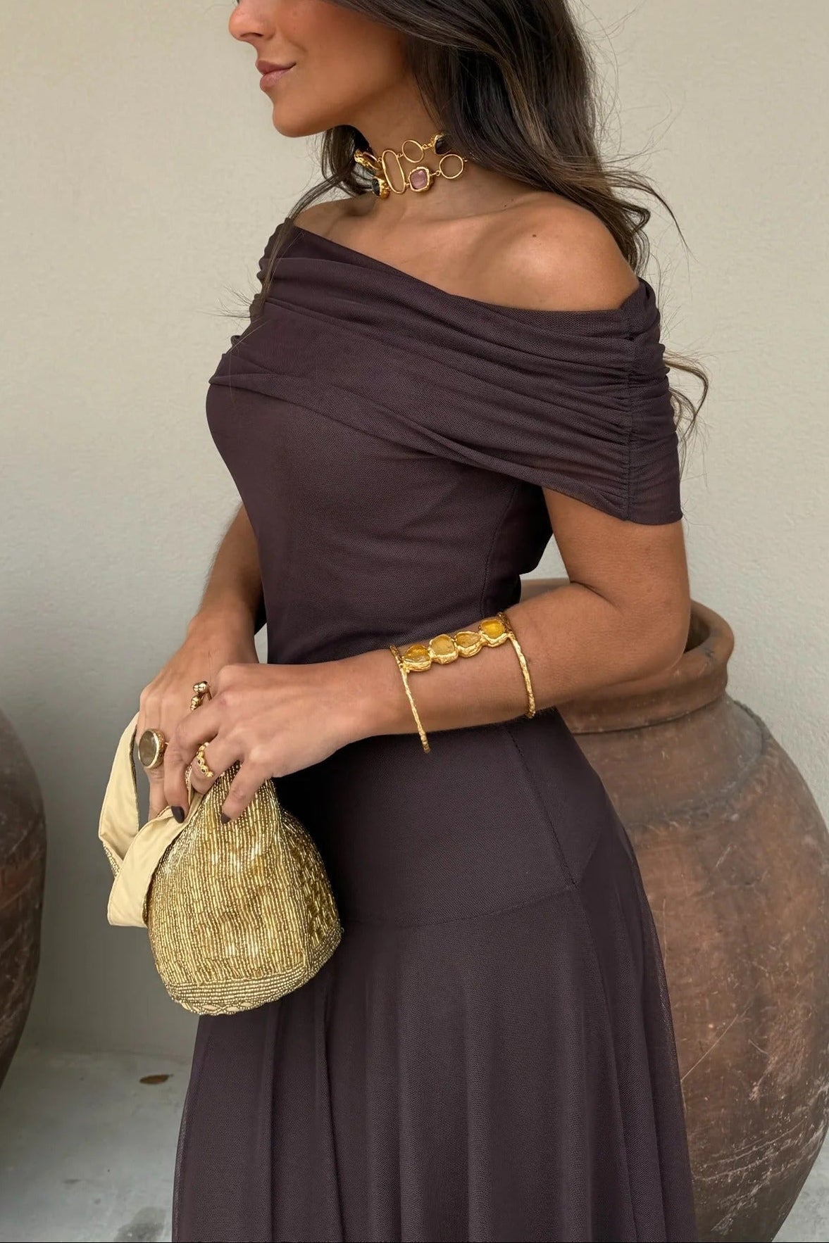 One-Shoulder Mesh Maxi Dress With Full Lining