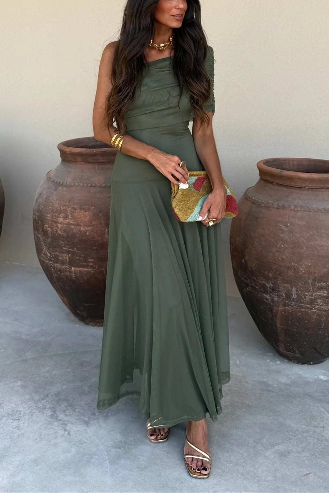 One-Shoulder Mesh Maxi Dress With Full Lining