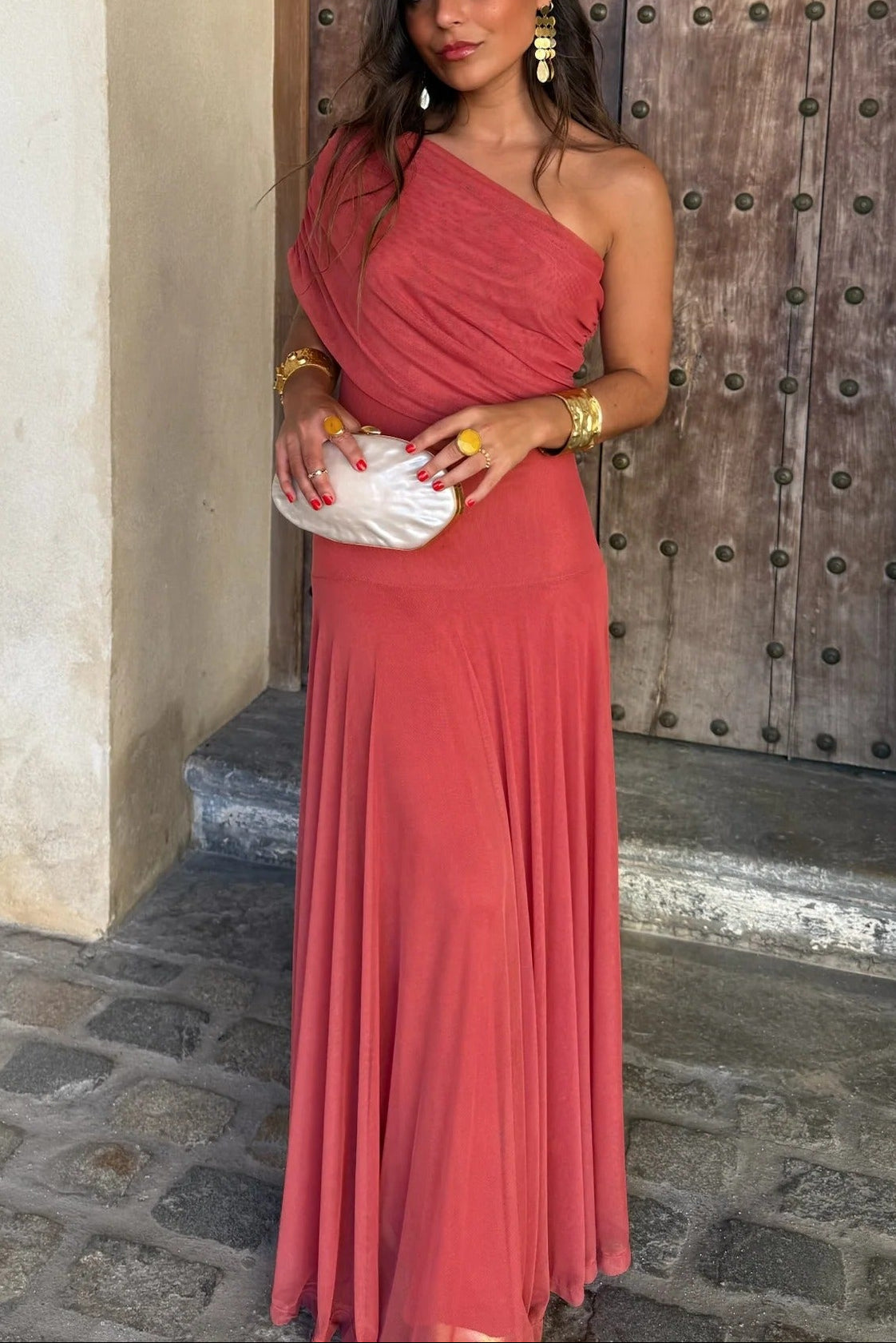 One-Shoulder Mesh Maxi Dress With Full Lining