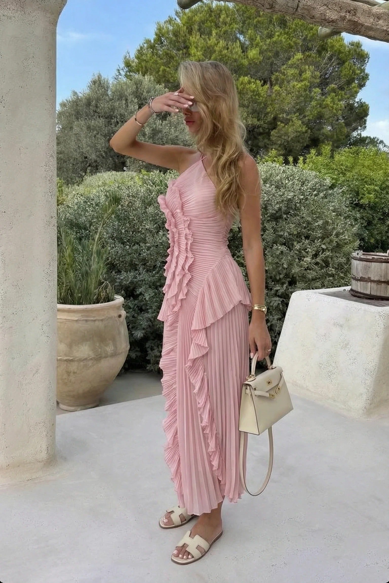 ladies pleated dress ruffles Pleated Ruffle Dress White