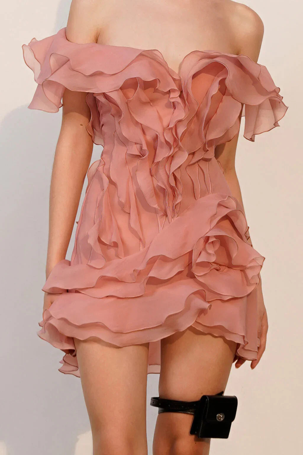 Off-Shoulder V-Neck Ruffled Mini Dress