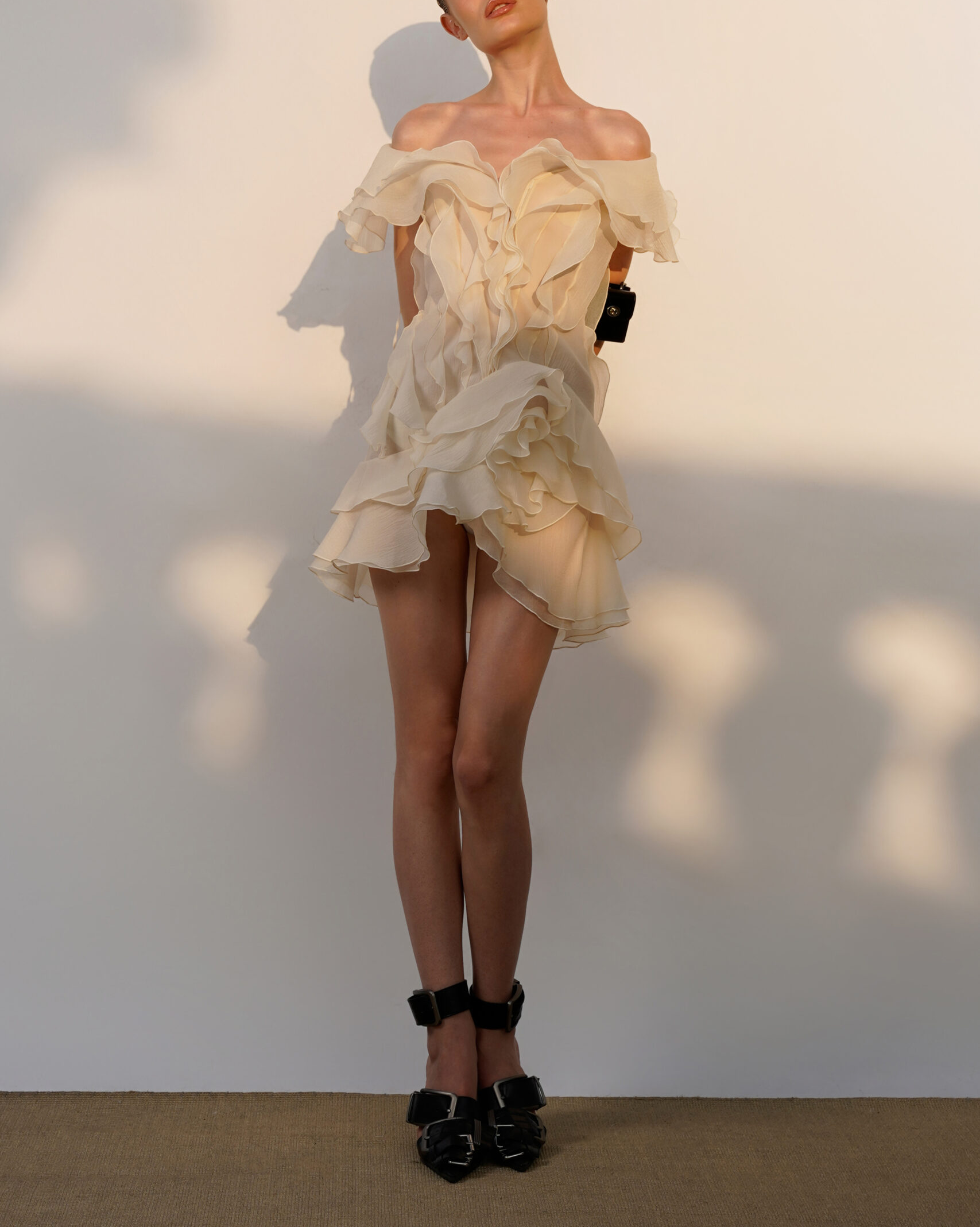 Off-Shoulder V-Neck Ruffled Mini Dress