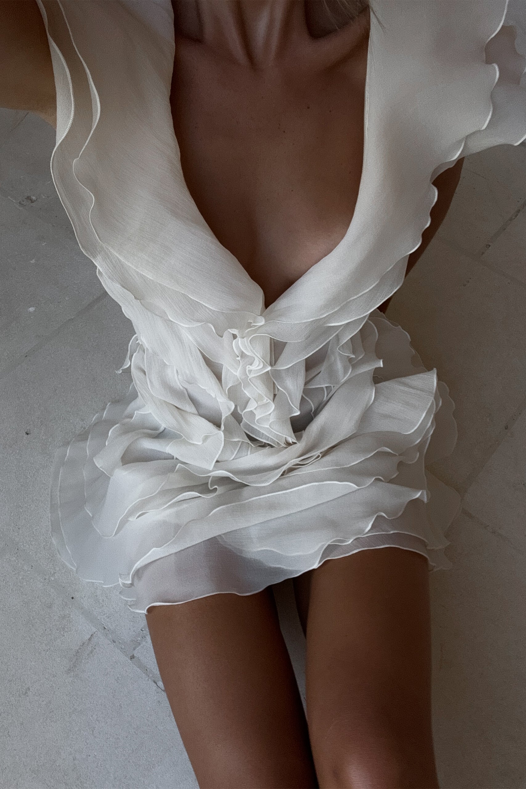 Off-Shoulder V-Neck Ruffled Mini Dress