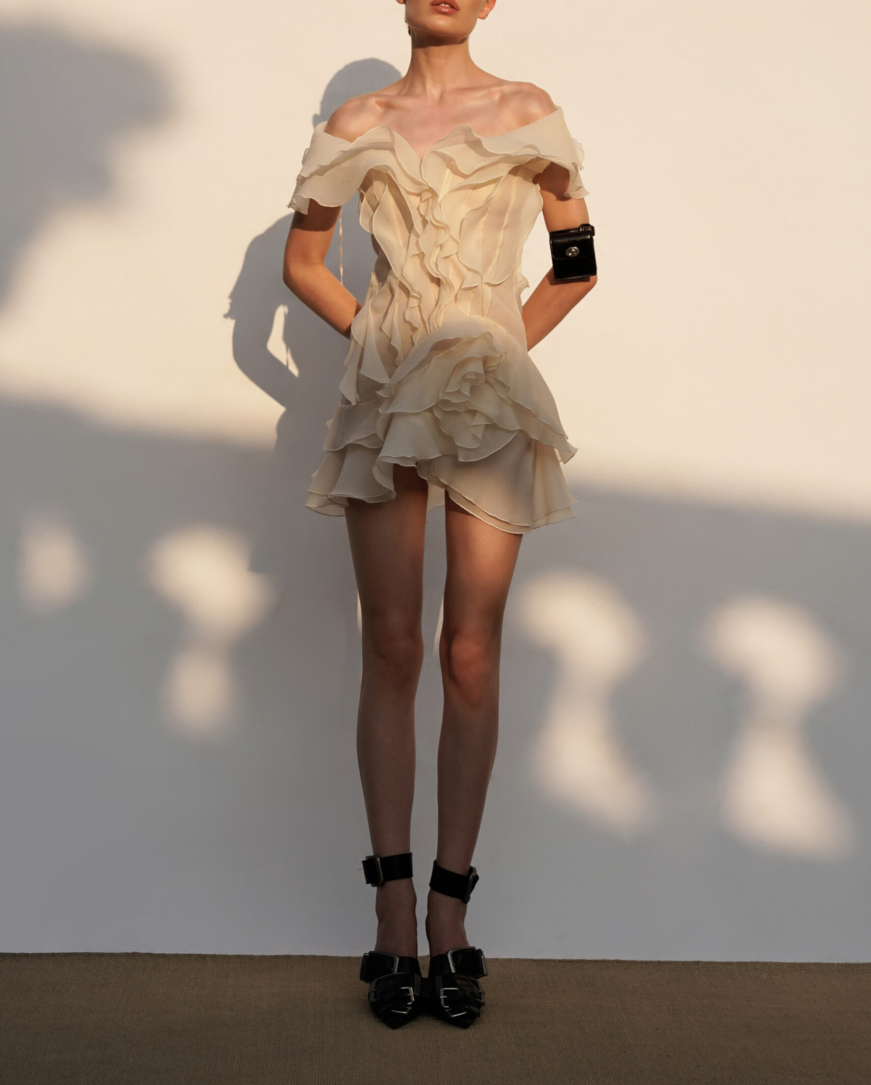 Off-Shoulder V-Neck Ruffled Mini Dress
