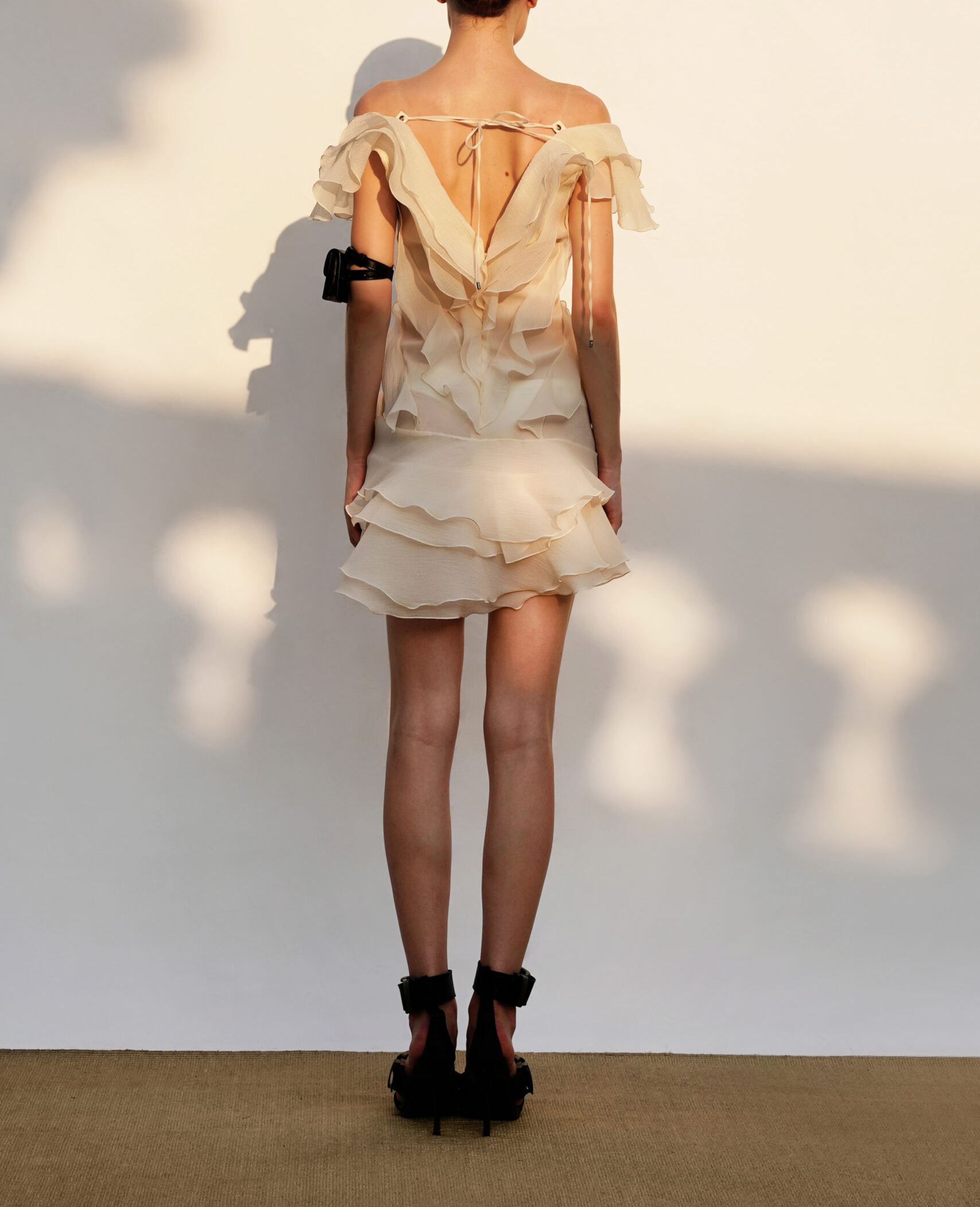 Off-Shoulder V-Neck Ruffled Mini Dress