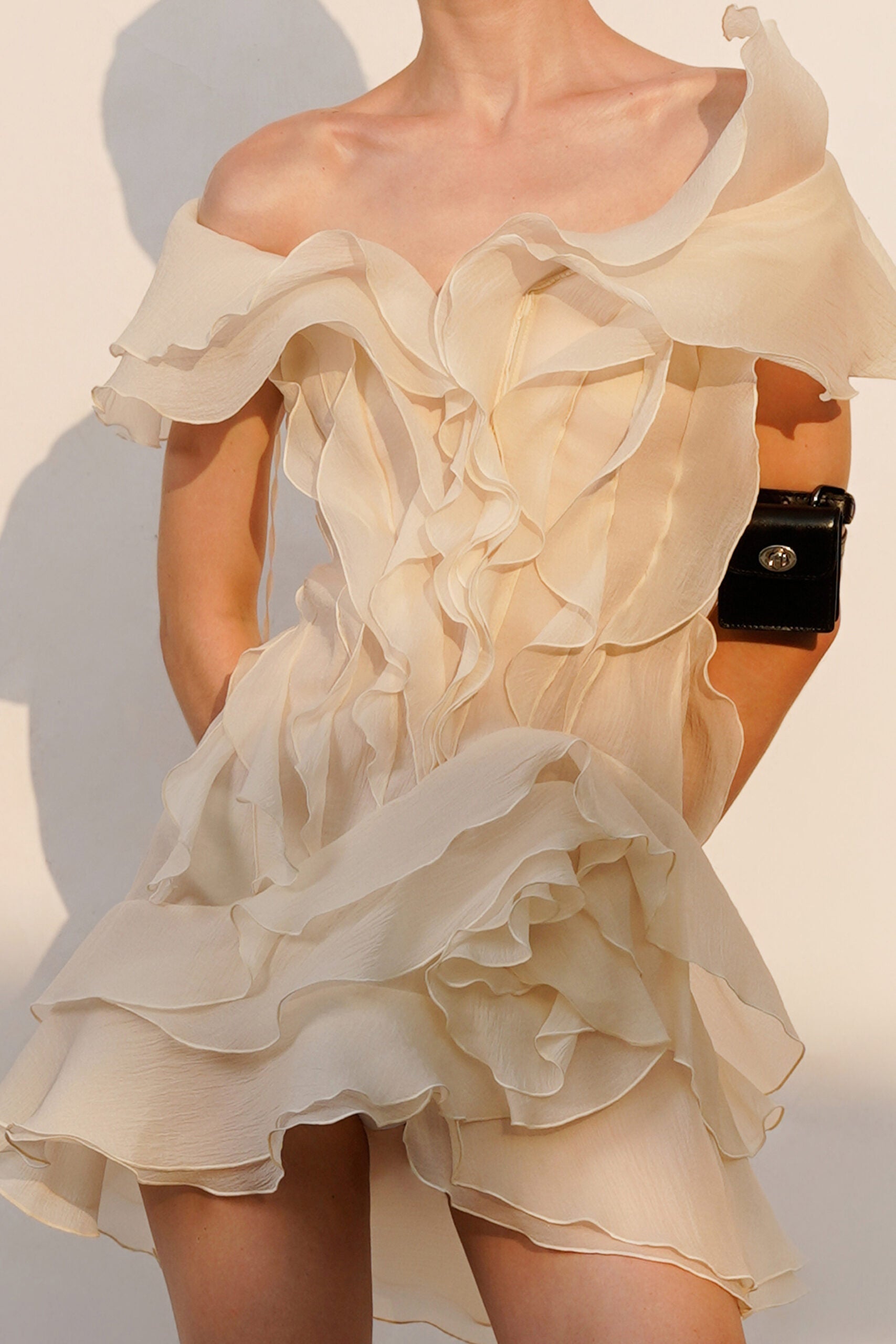 Off-Shoulder V-Neck Ruffled Mini Dress