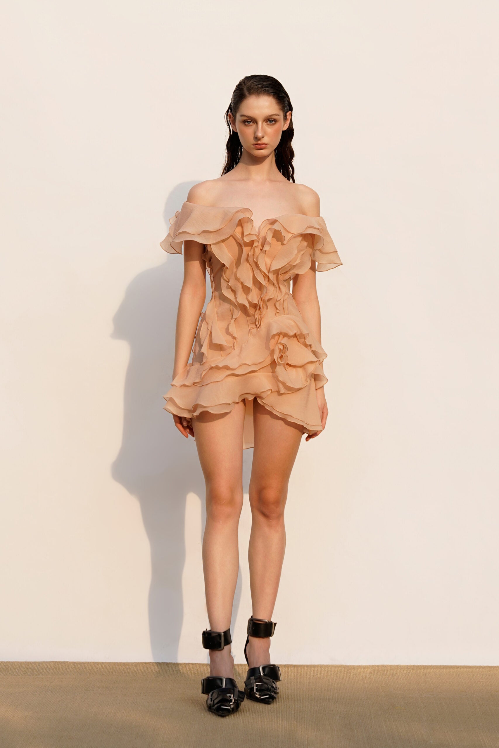 Off-Shoulder V-Neck Ruffled Mini Dress
