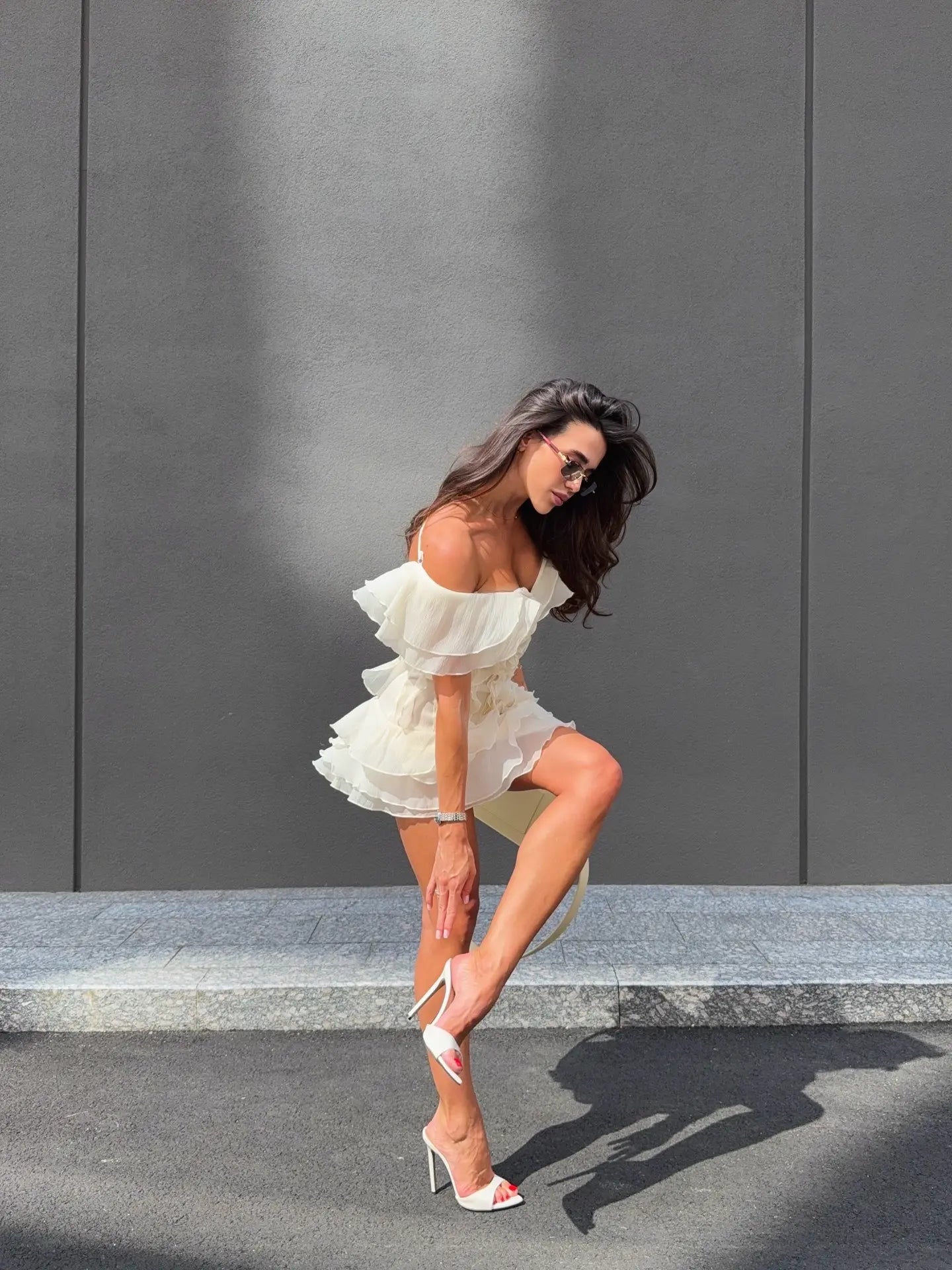 Off-Shoulder V-Neck Ruffled Mini Dress