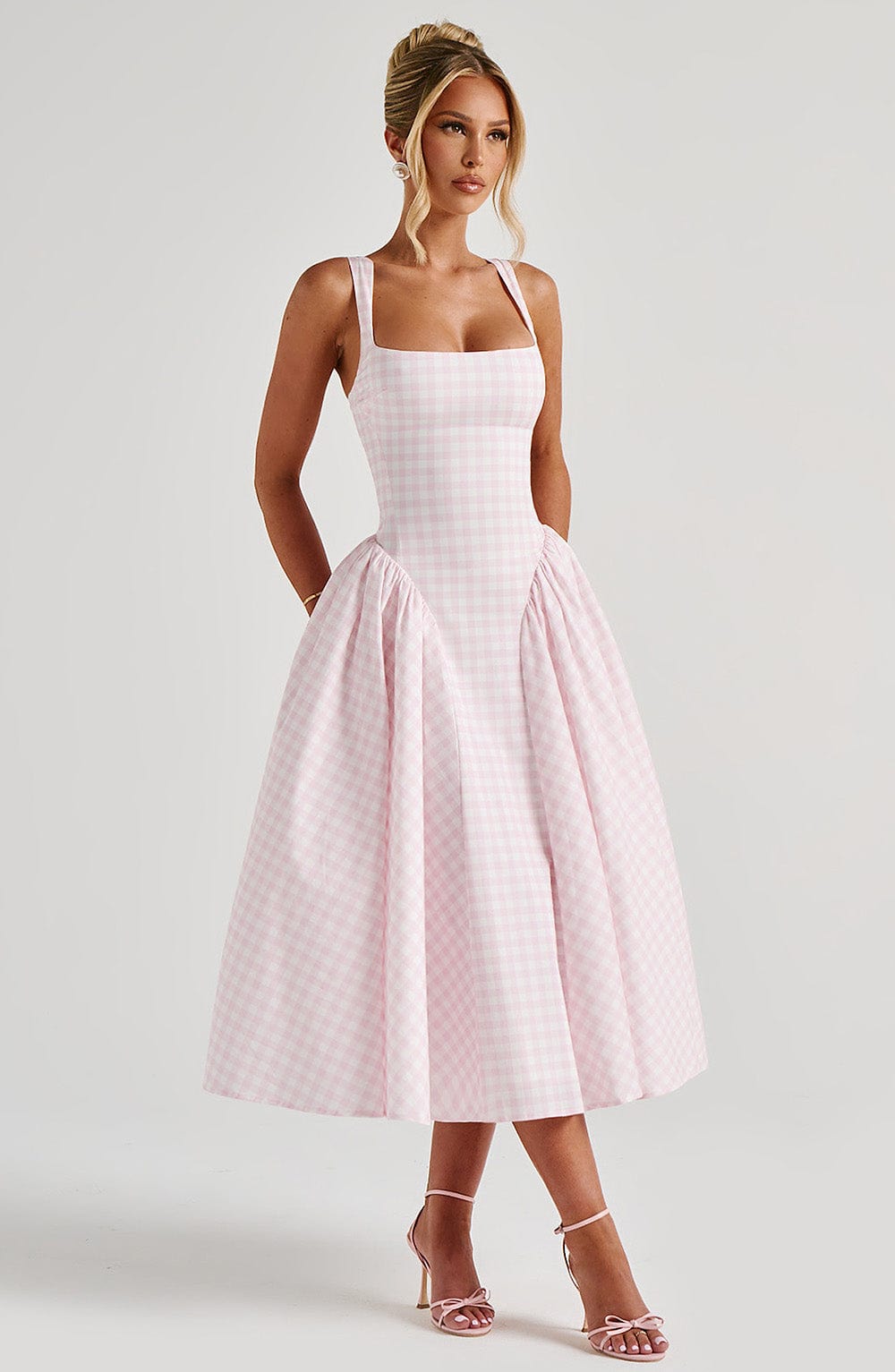 Square Neck Gingham Midi Dress with Lace-Up Back