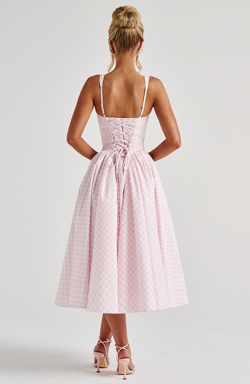 Square Neck Gingham Midi Dress with Lace-Up Back