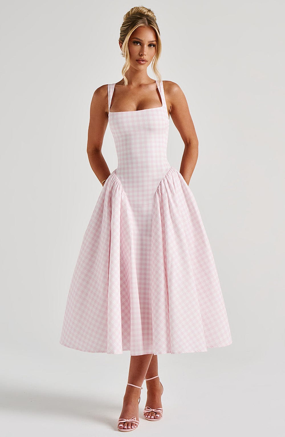 Square Neck Gingham Midi Dress with Lace-Up Back