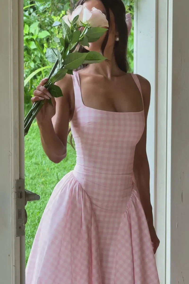 Square Neck Gingham Midi Dress with Lace-Up Back