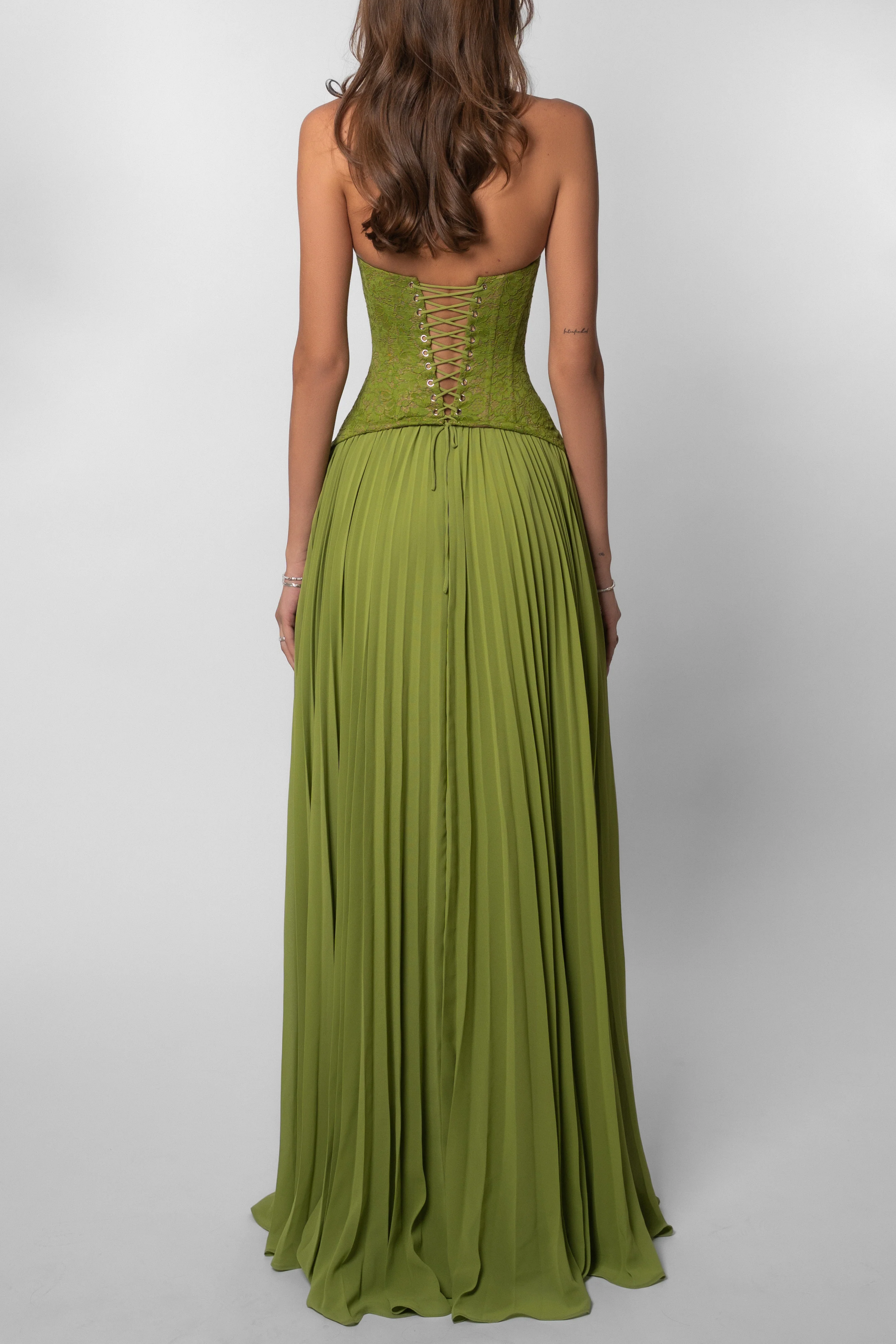 Halterneck Lace Corset Pleated Maxi Dress