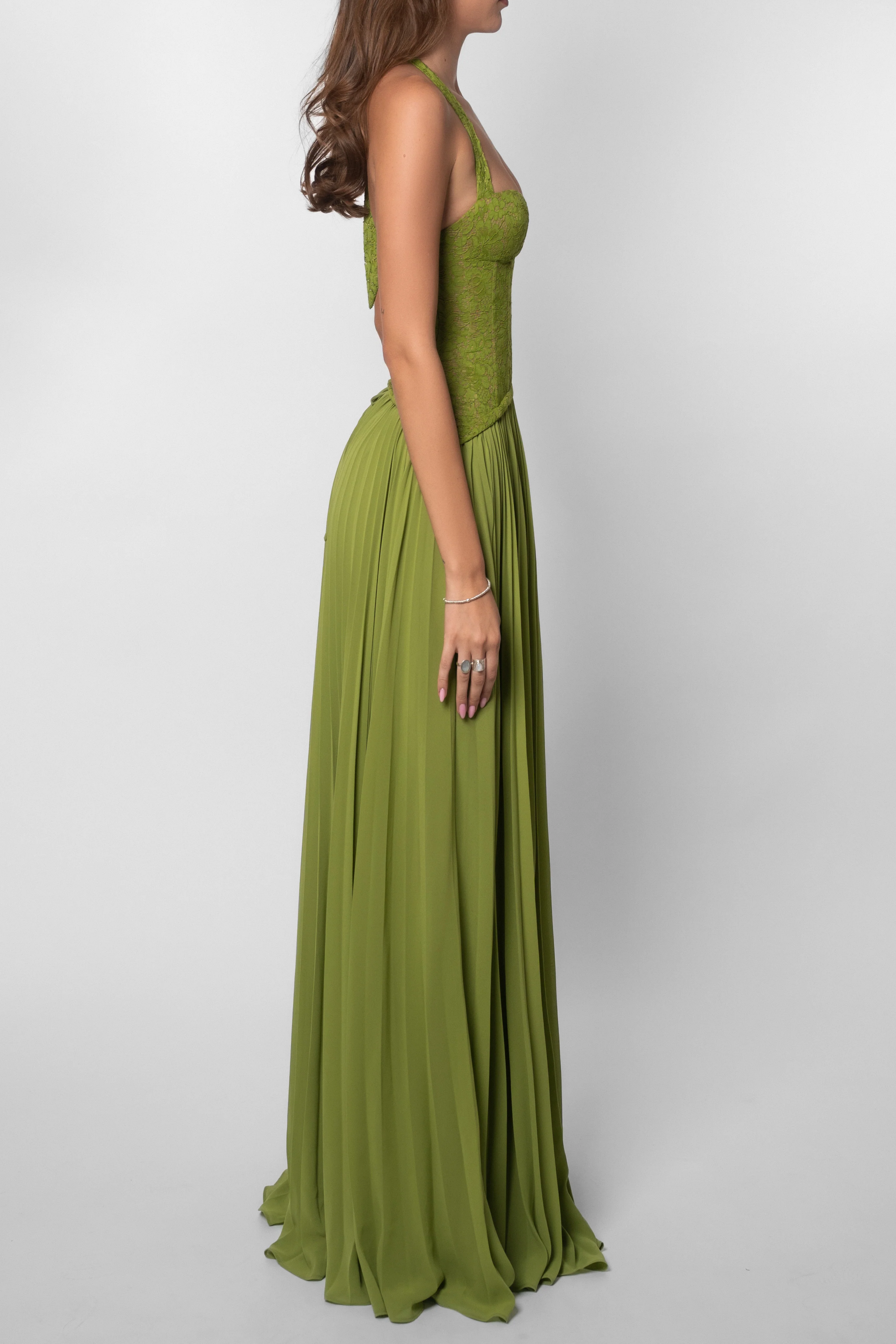 Halterneck Lace Corset Pleated Maxi Dress