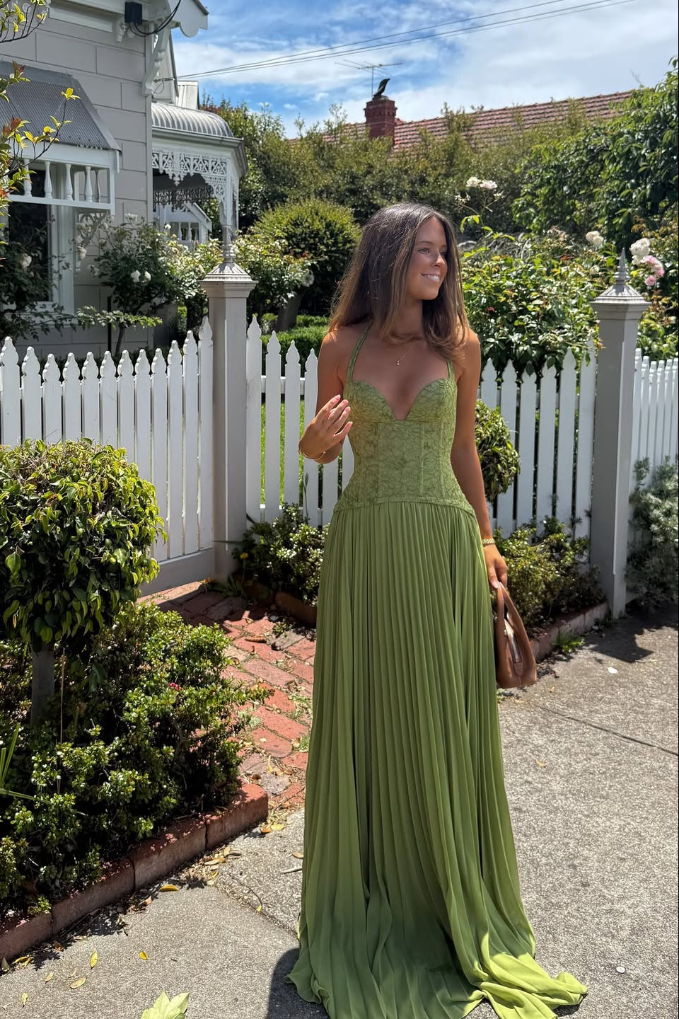 Halterneck Lace Corset Pleated Maxi Dress