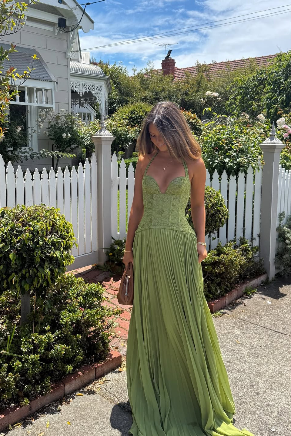 Halterneck Lace Corset Pleated Maxi Dress