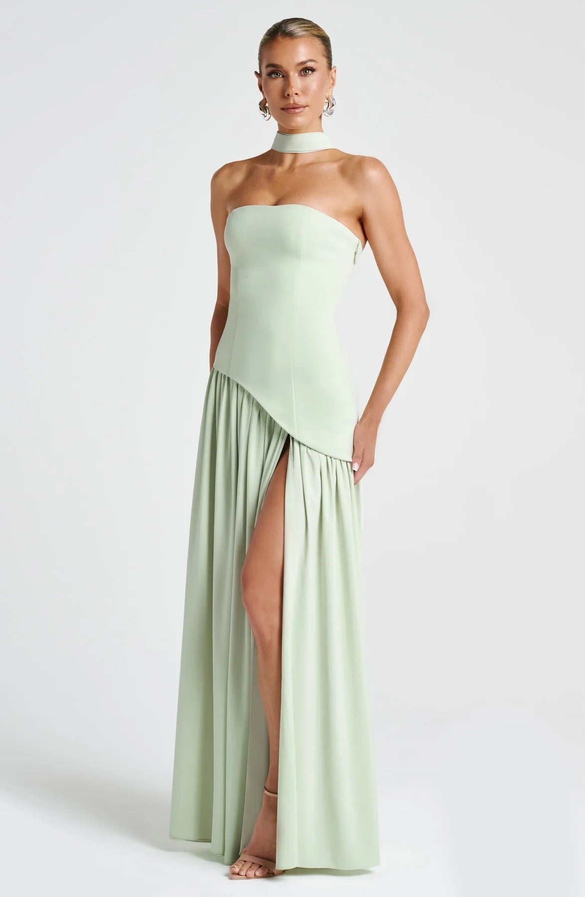 Strapless Maxi Dress With High Slit and Scarf