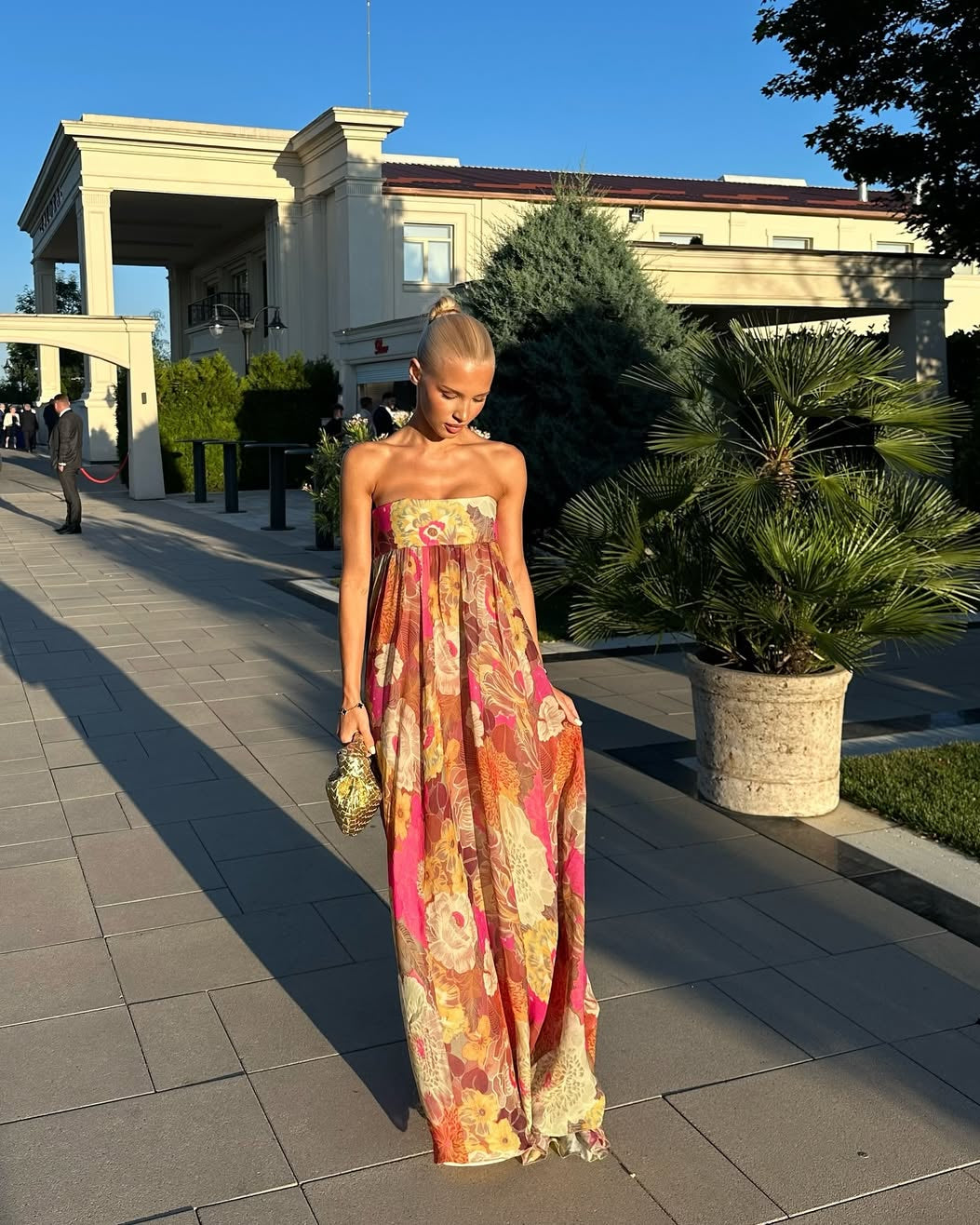 Pleated Strapless Floral Maxi Dress