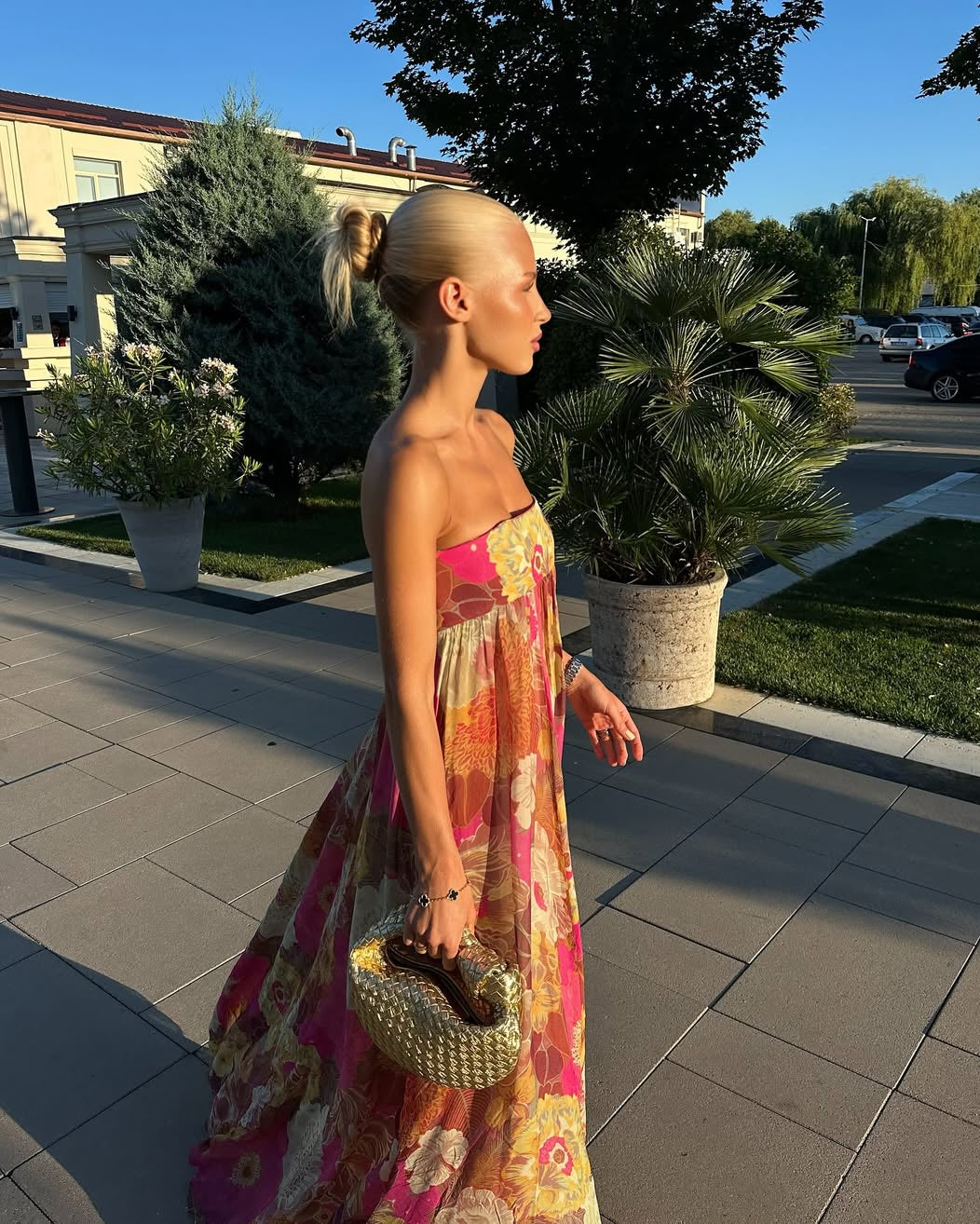 Pleated Strapless Floral Maxi Dress