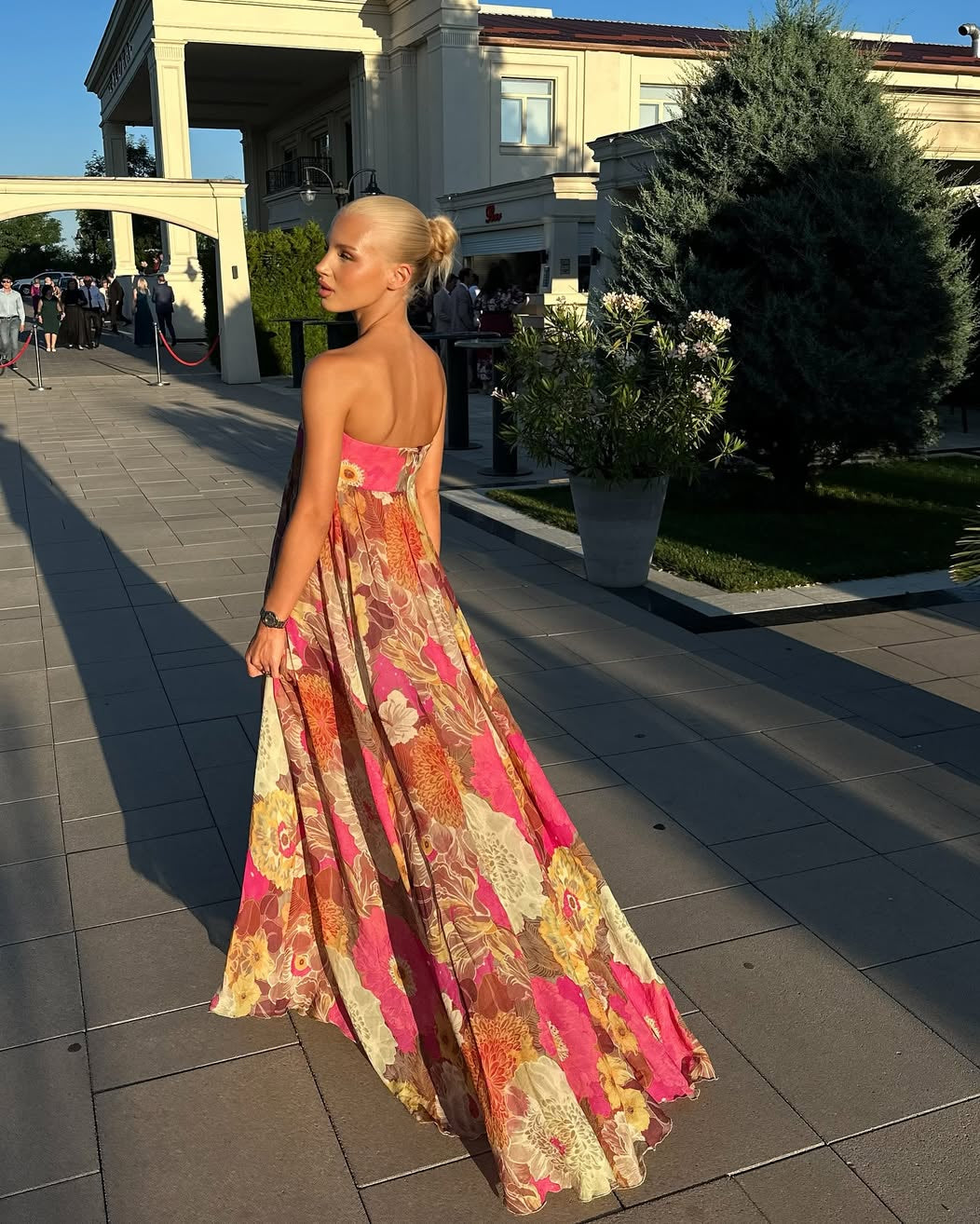 Pleated Strapless Floral Maxi Dress