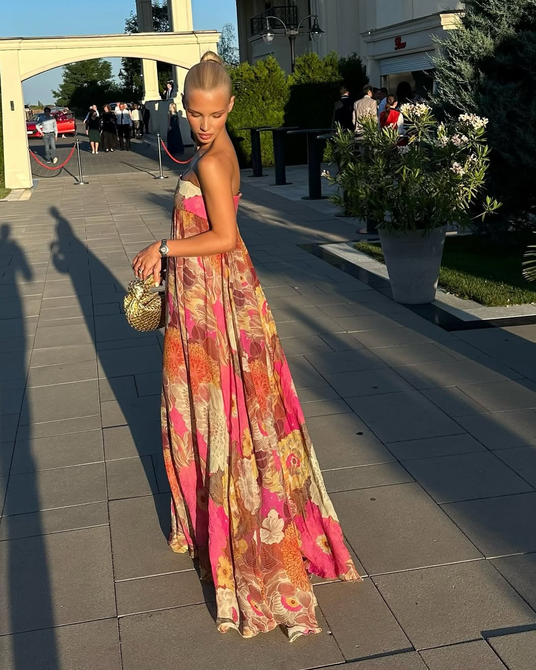 Pleated Strapless Floral Maxi Dress