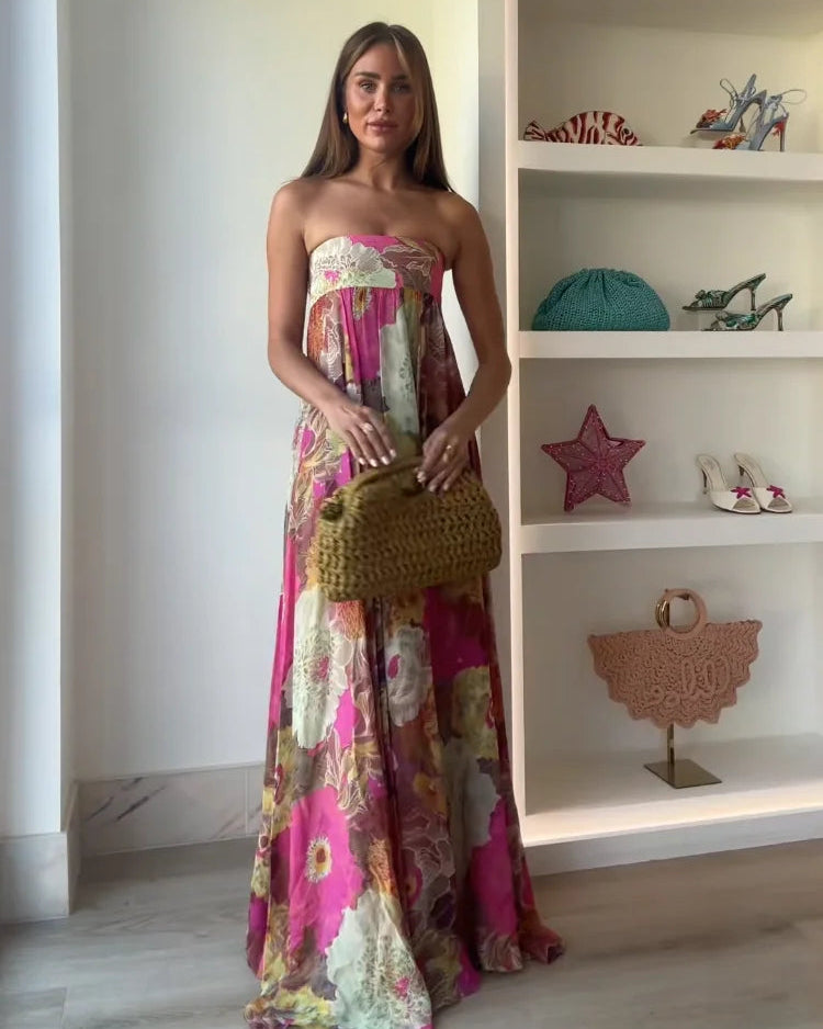 Pleated Strapless Floral Maxi Dress