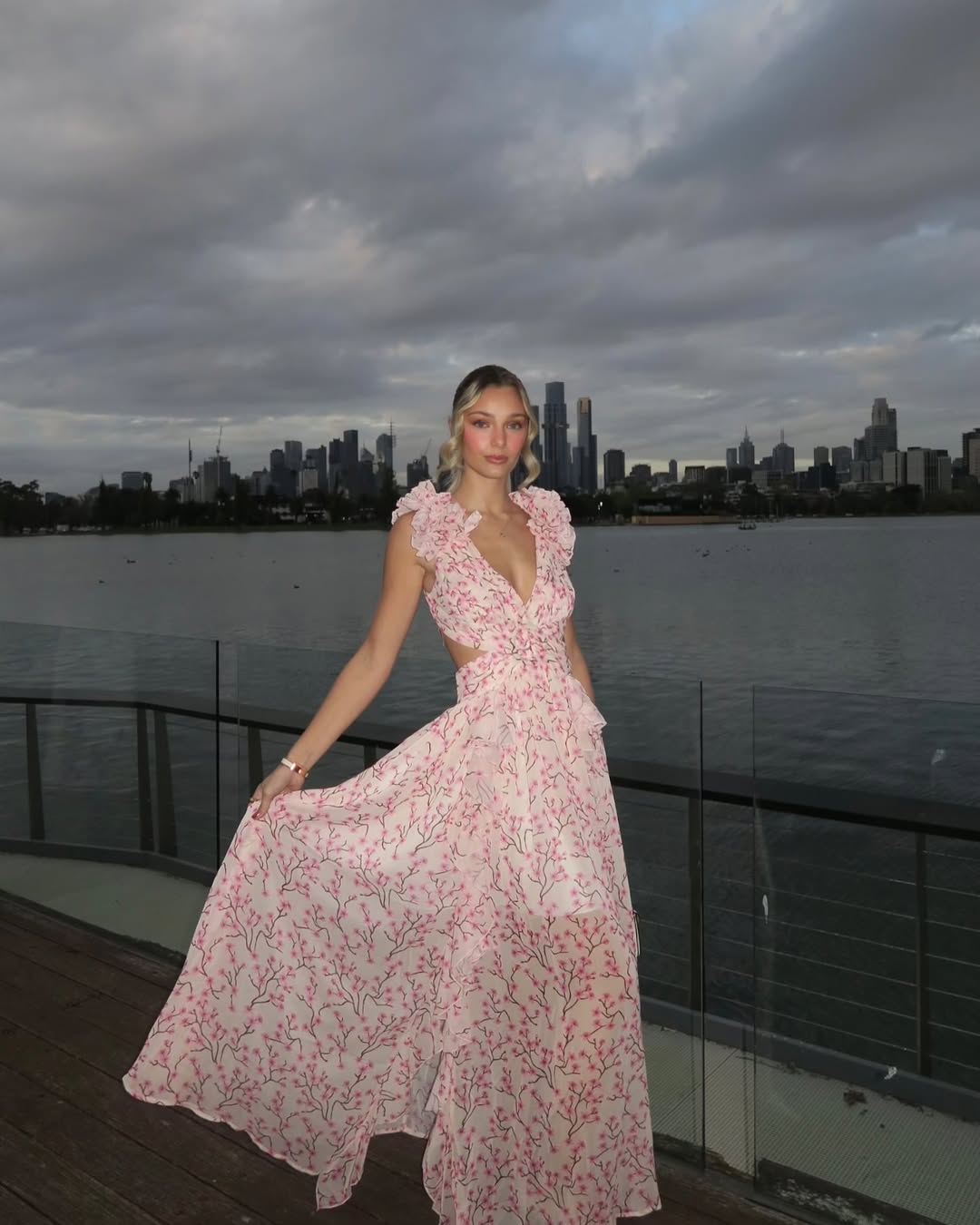 Chiffon Cut-Out Maxi Dress With Lace-Up Back