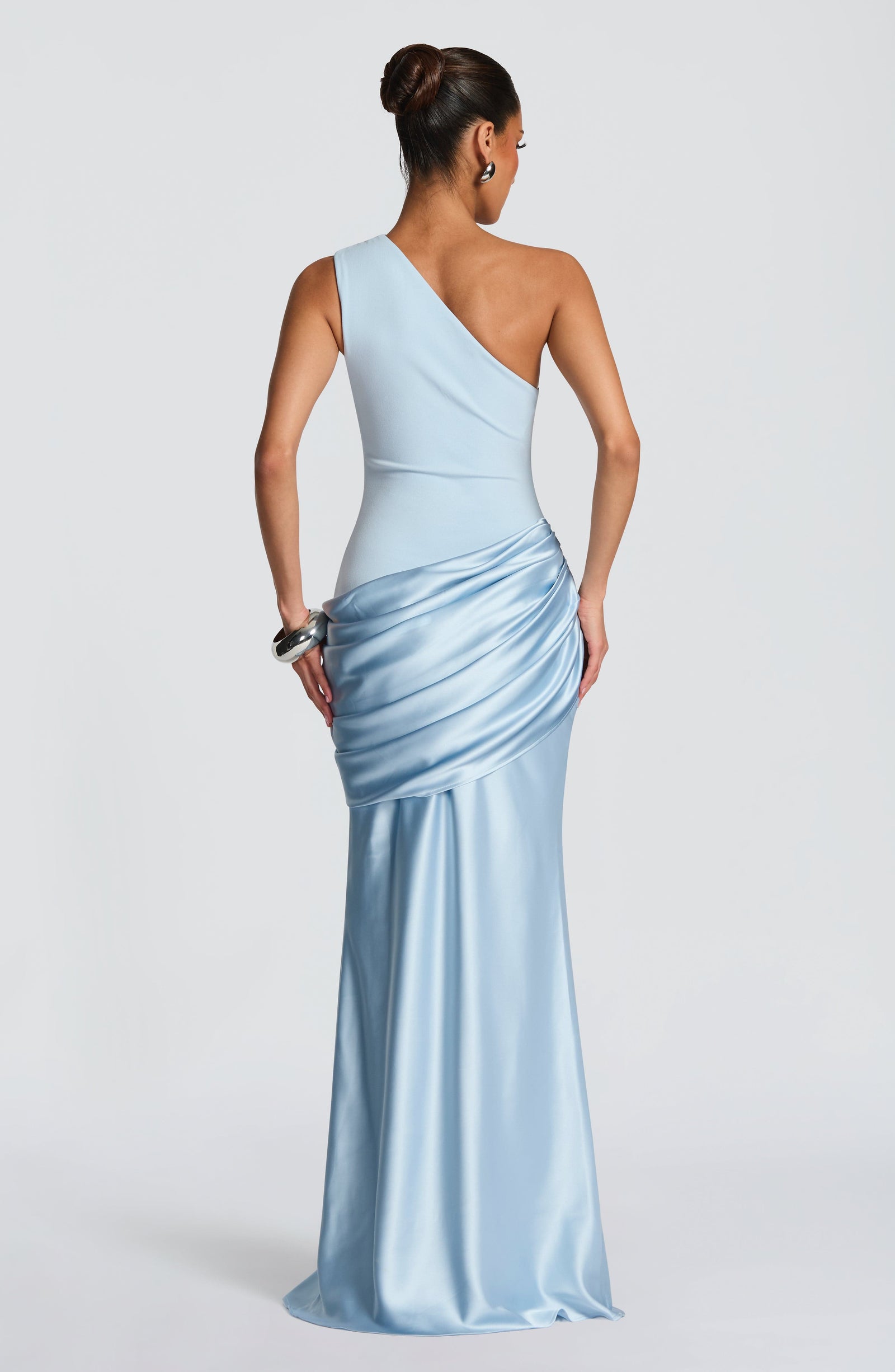 One-Shoulder Satin Maxi Dress with Pleated Skirt