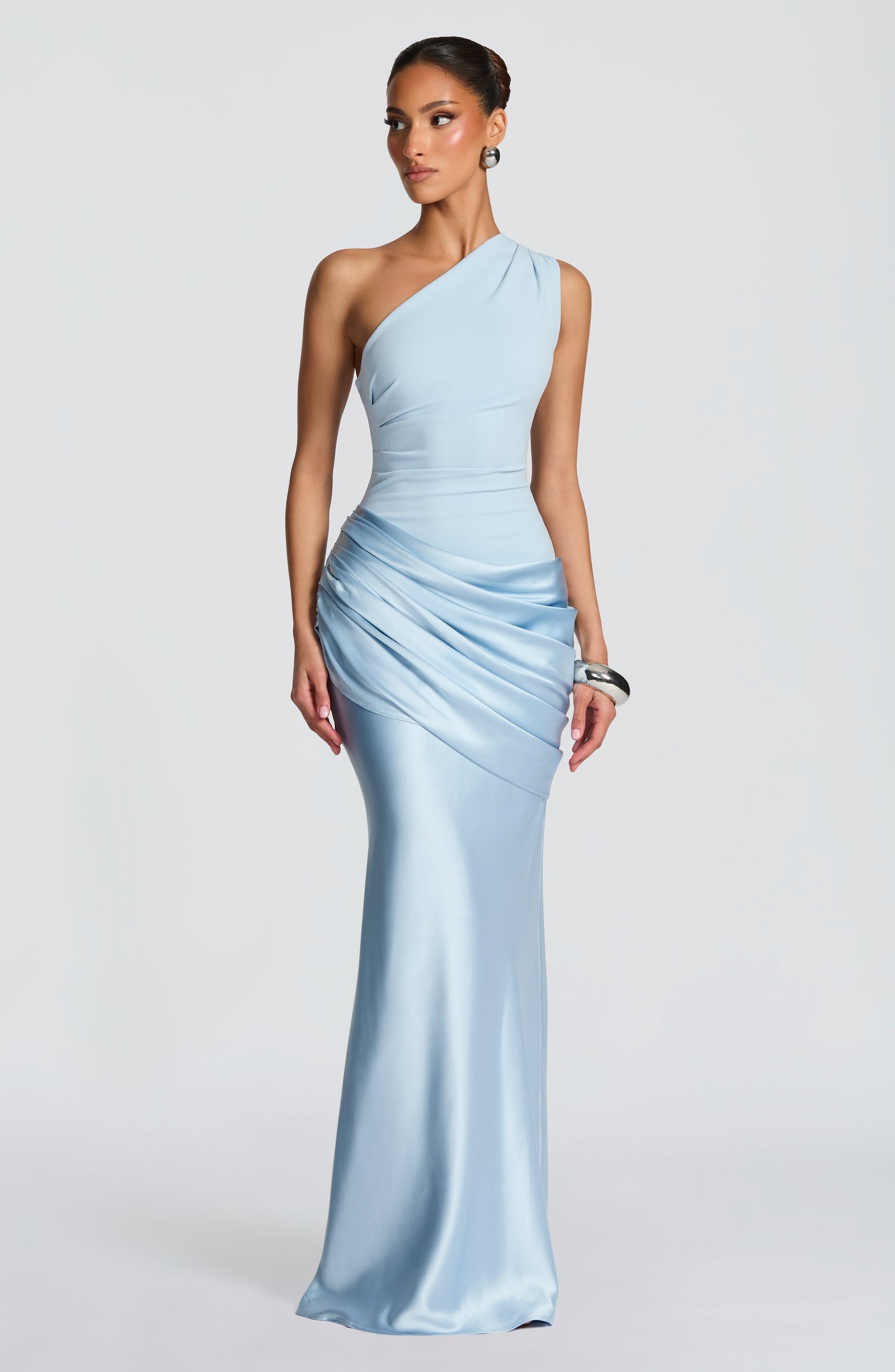 One-Shoulder Satin Maxi Dress with Pleated Skirt