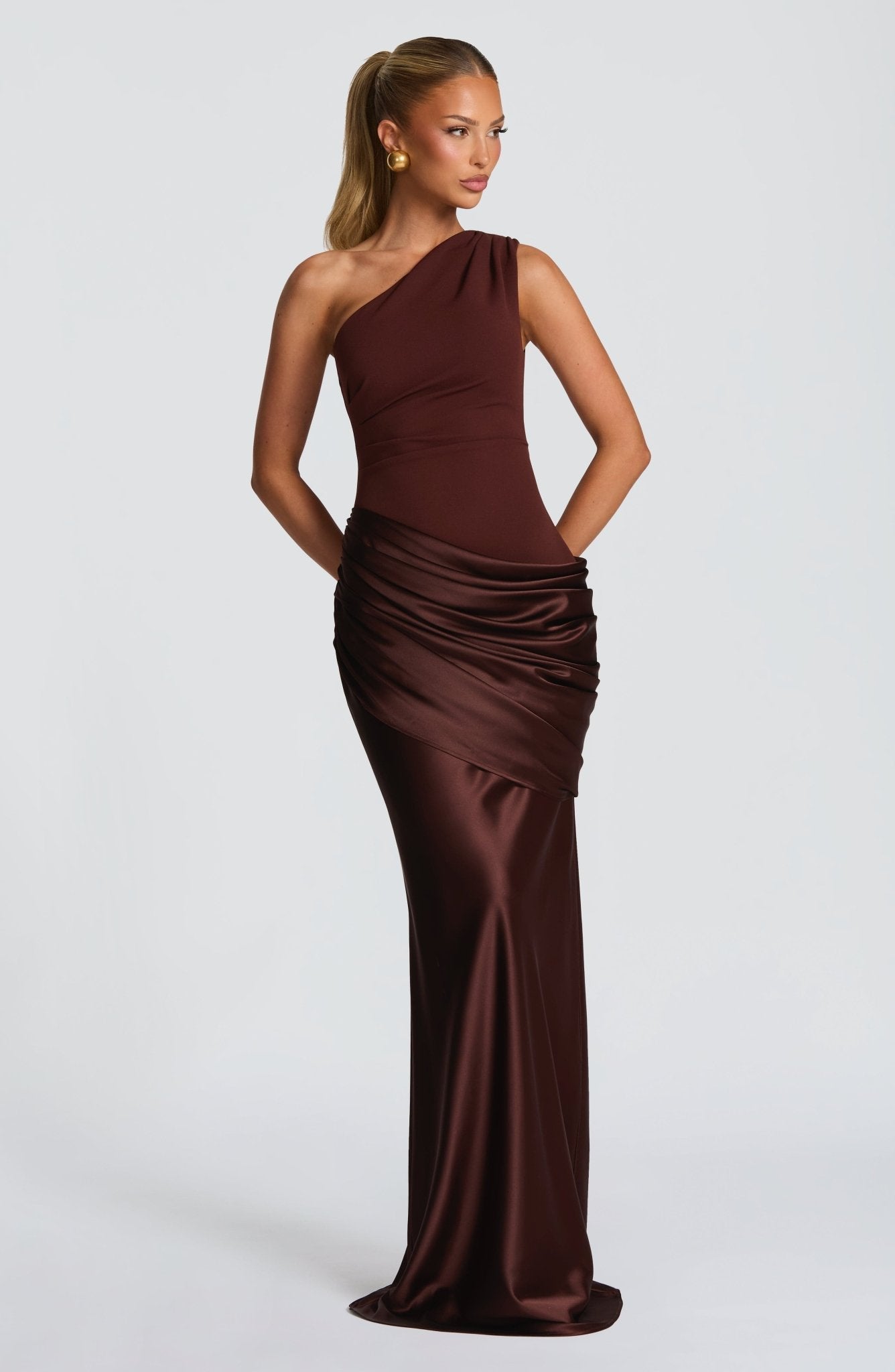 One-Shoulder Satin Maxi Dress with Pleated Skirt