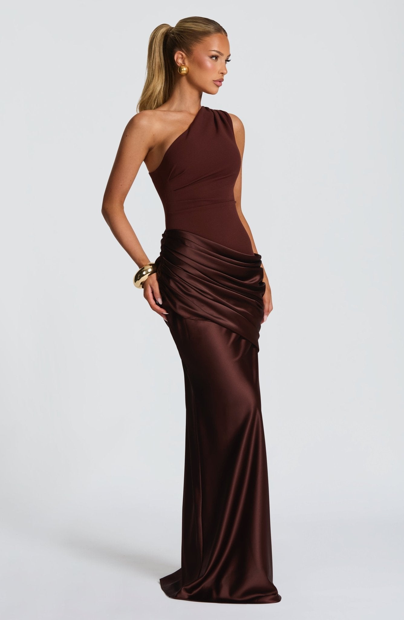 One-Shoulder Satin Maxi Dress with Pleated Skirt