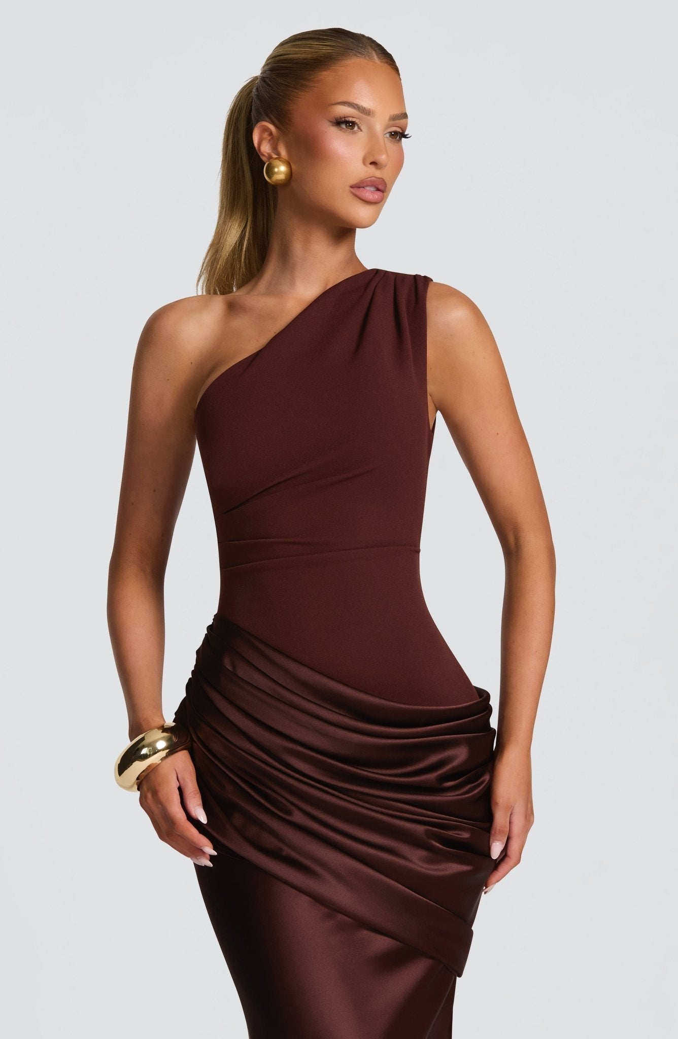 One-Shoulder Satin Maxi Dress with Pleated Skirt
