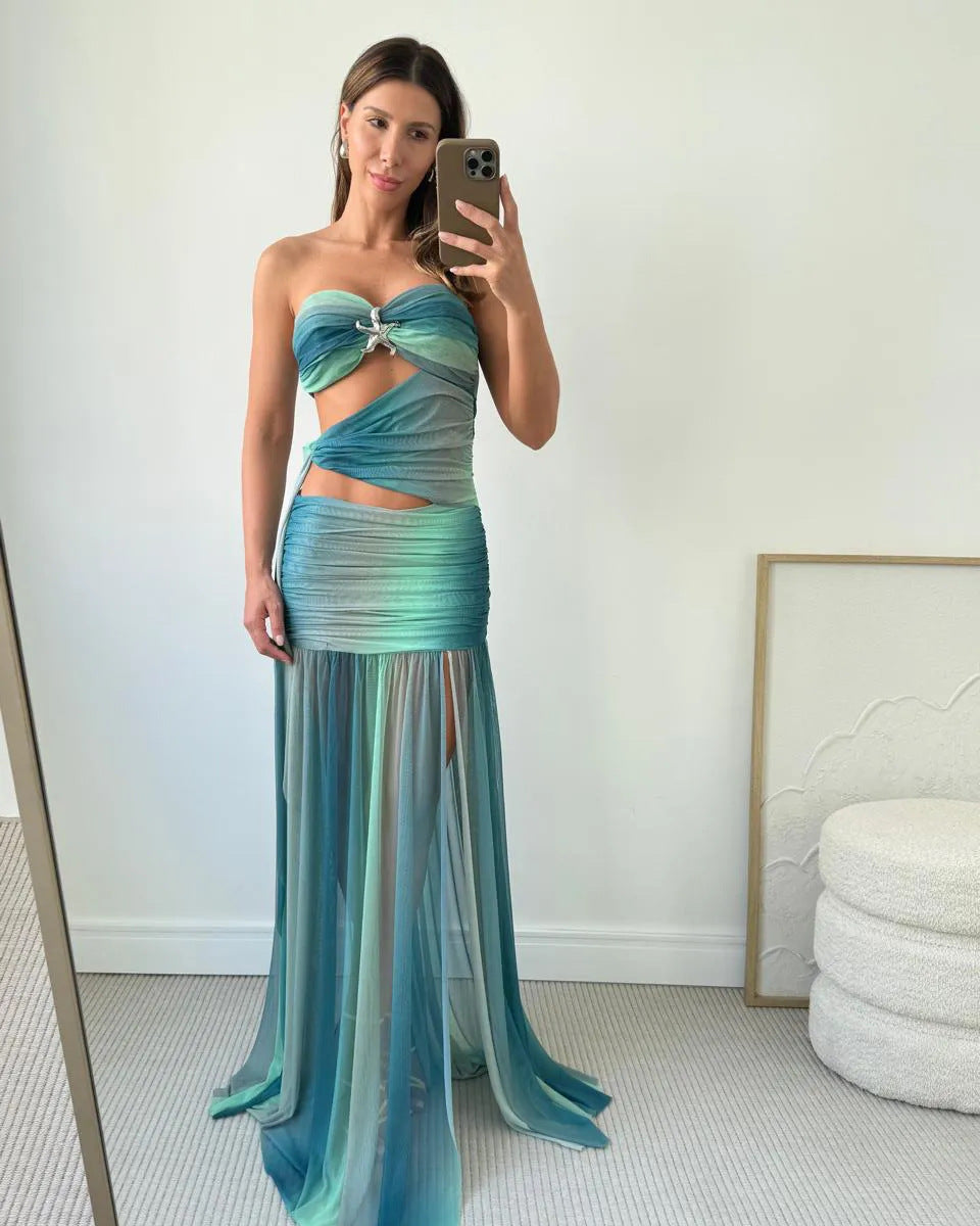 Strapless A-Line Maxi Dress With Mesh Cut-Out Detail