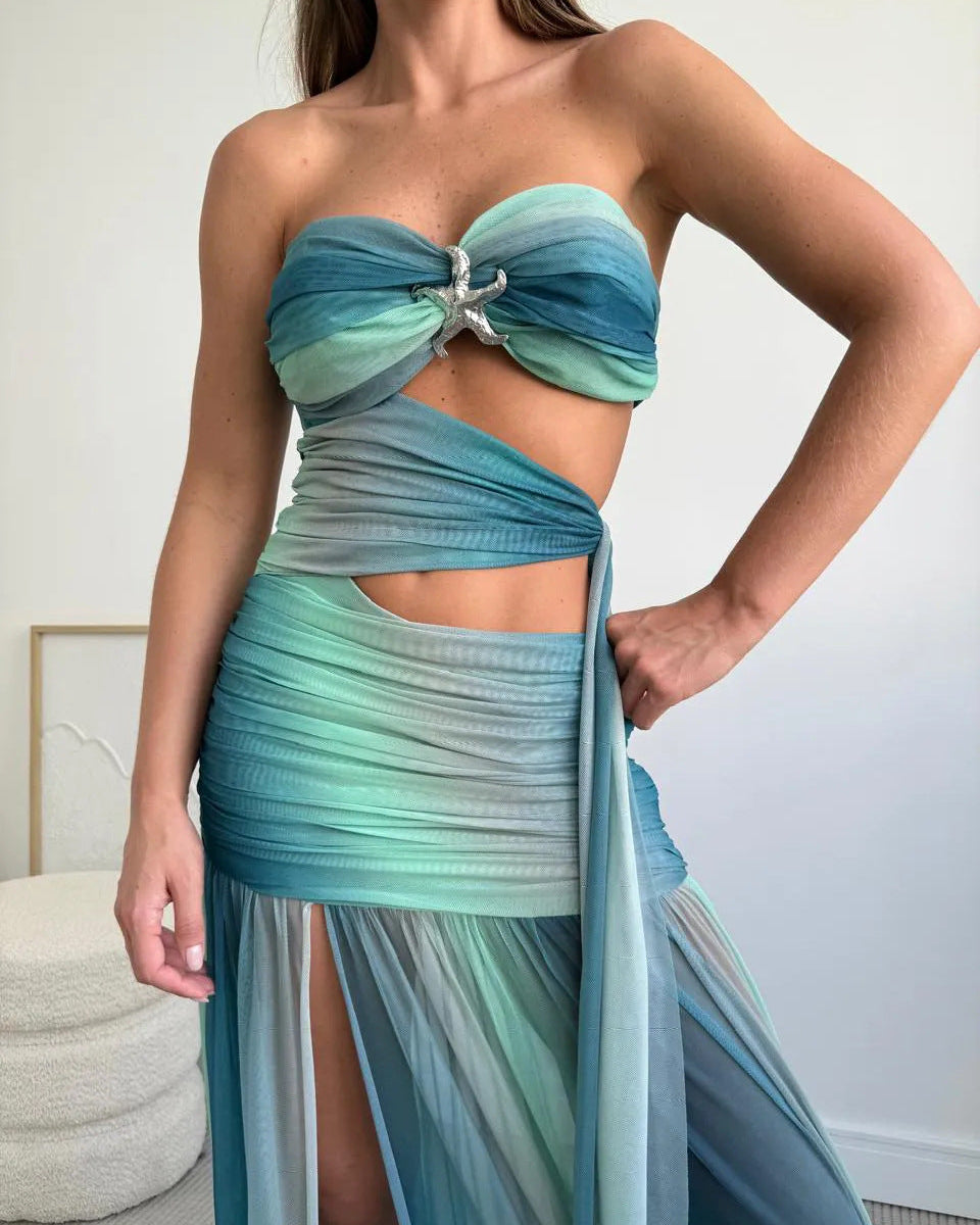 Strapless A-Line Maxi Dress With Mesh Cut-Out Detail