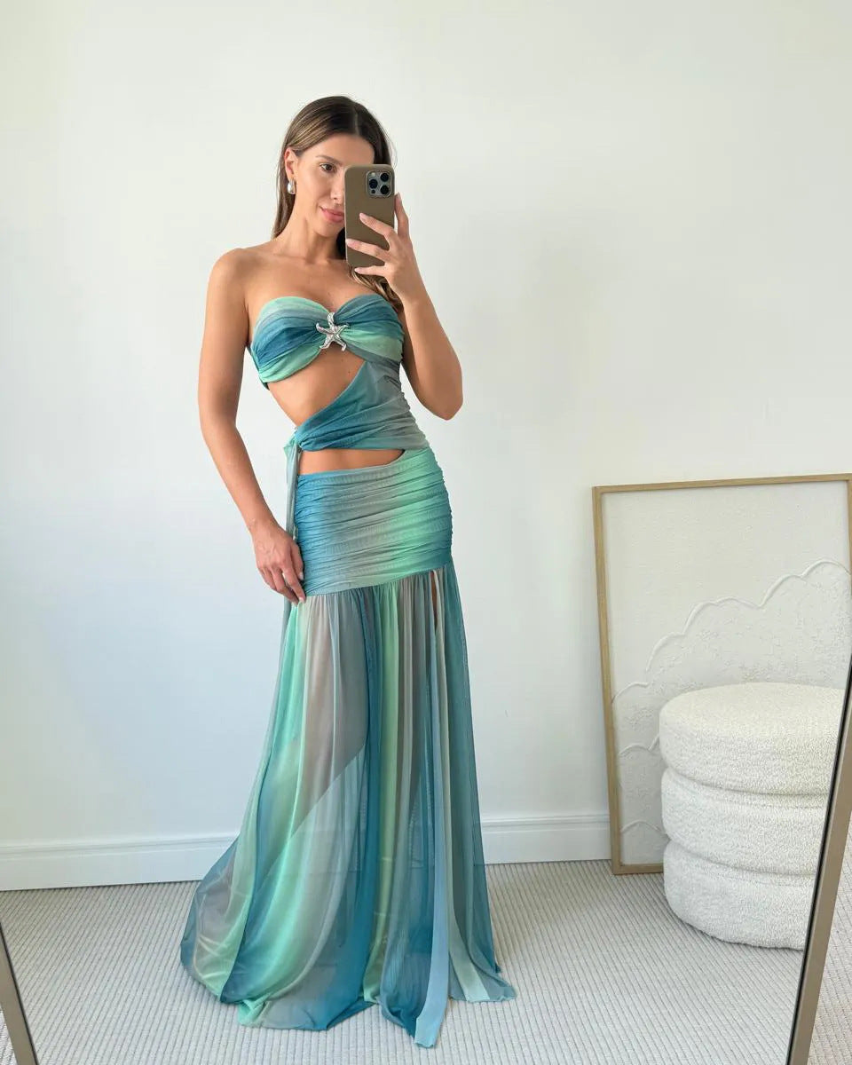 Strapless A-Line Maxi Dress With Mesh Cut-Out Detail