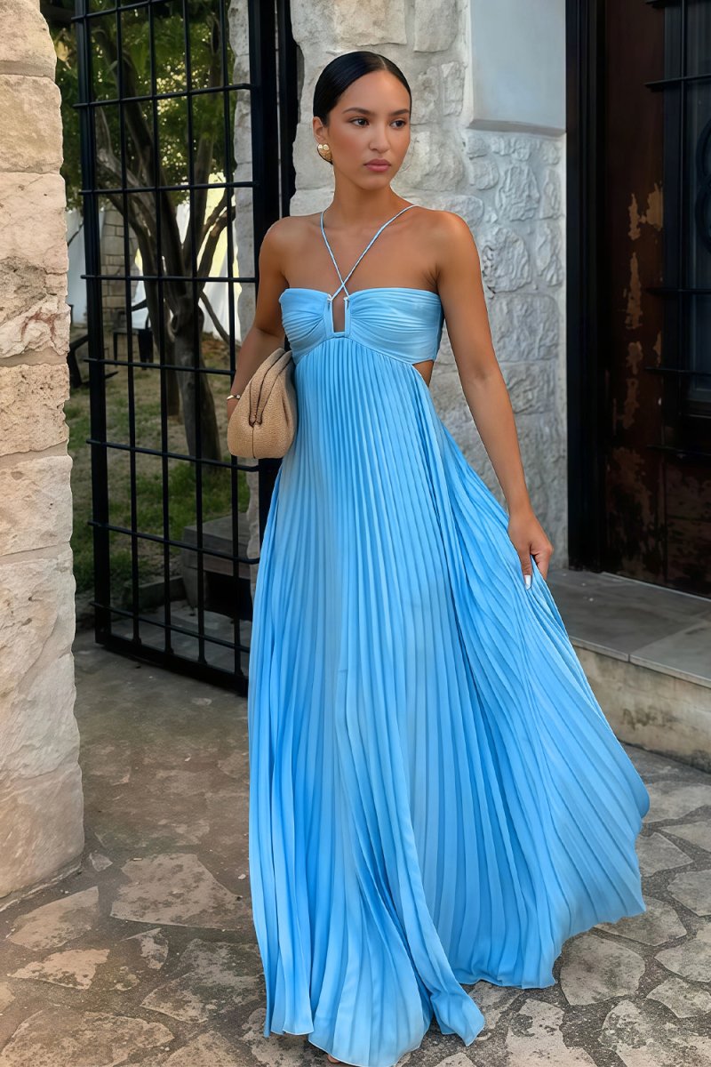 Halter Neck Pleated Satin Open-Back Maxi Dress