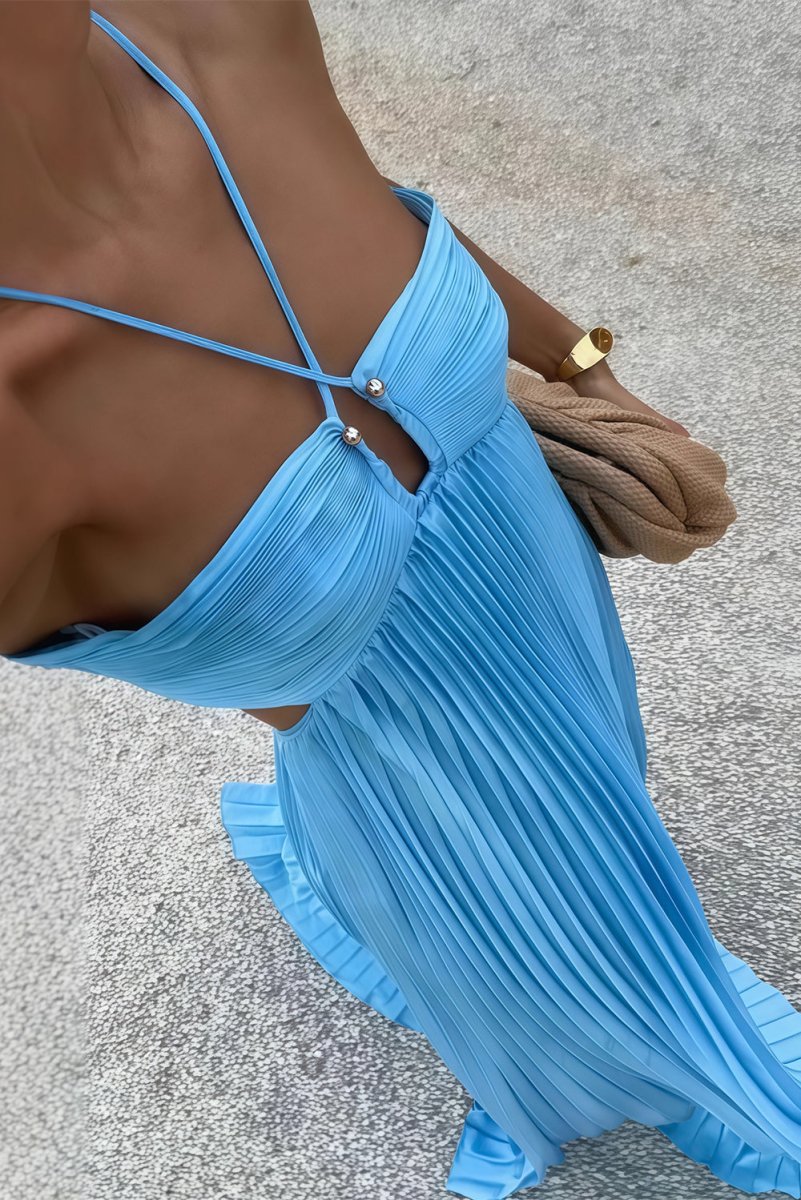Halter Neck Pleated Satin Open-Back Maxi Dress