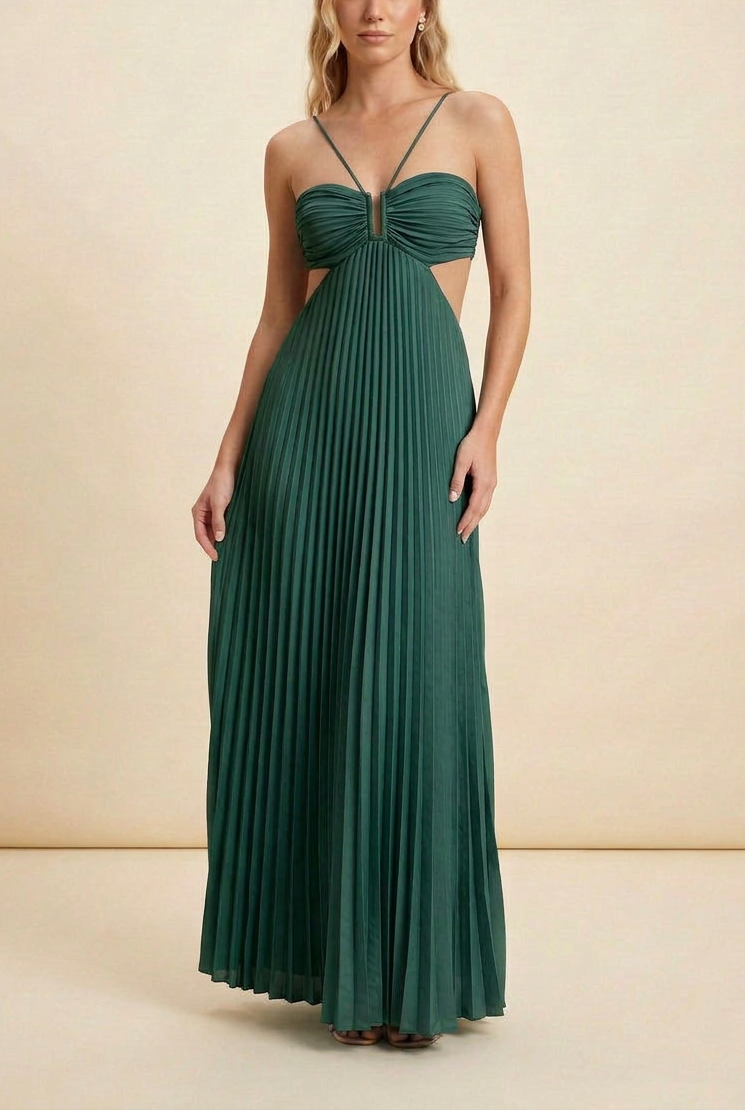 Halter Neck Pleated Satin Open-Back Maxi Dress