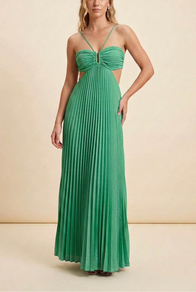 Halter Neck Pleated Satin Open-Back Maxi Dress