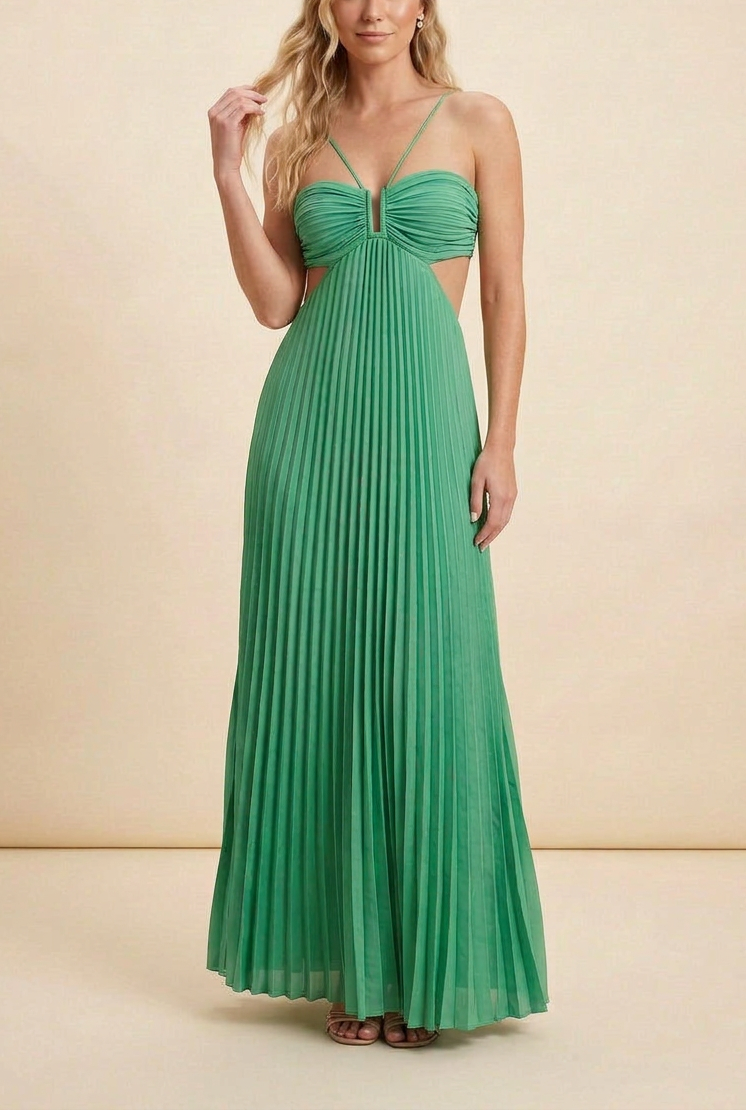Halter Neck Pleated Satin Open-Back Maxi Dress