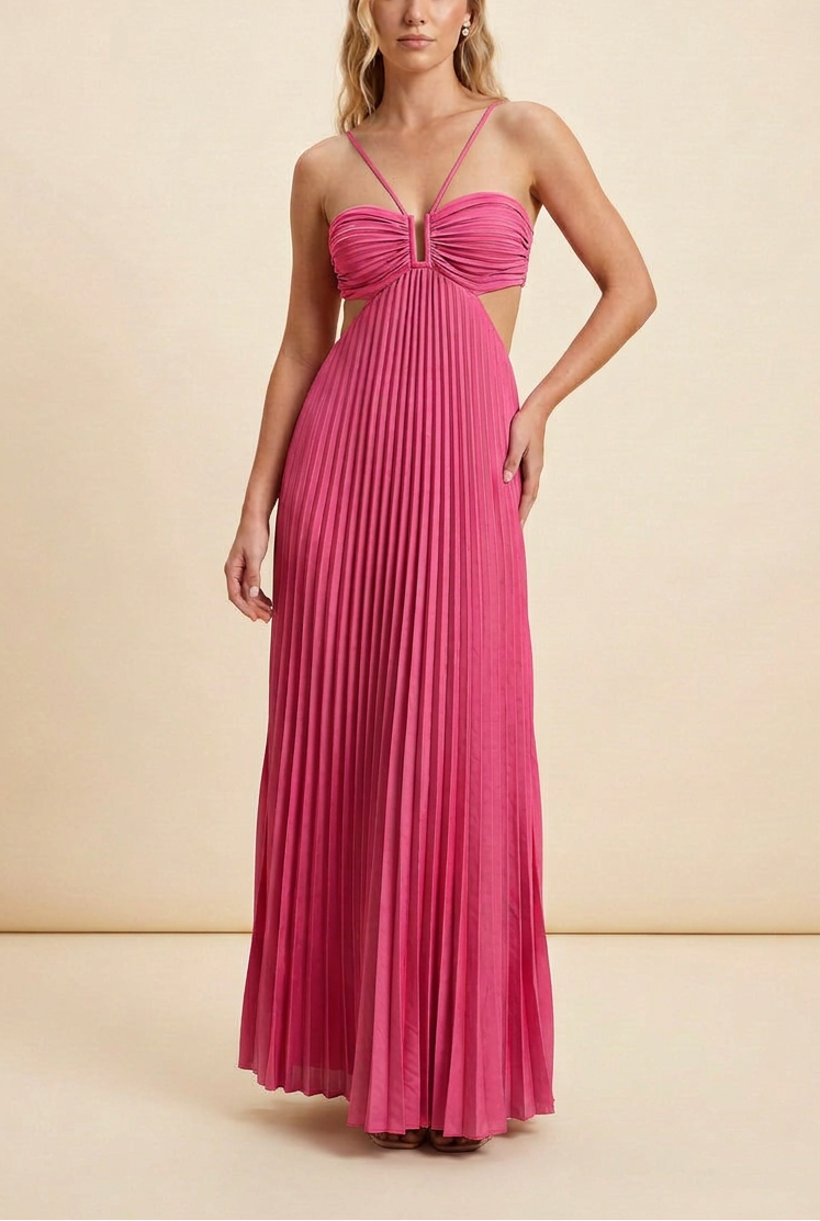 Halter Neck Pleated Satin Open-Back Maxi Dress