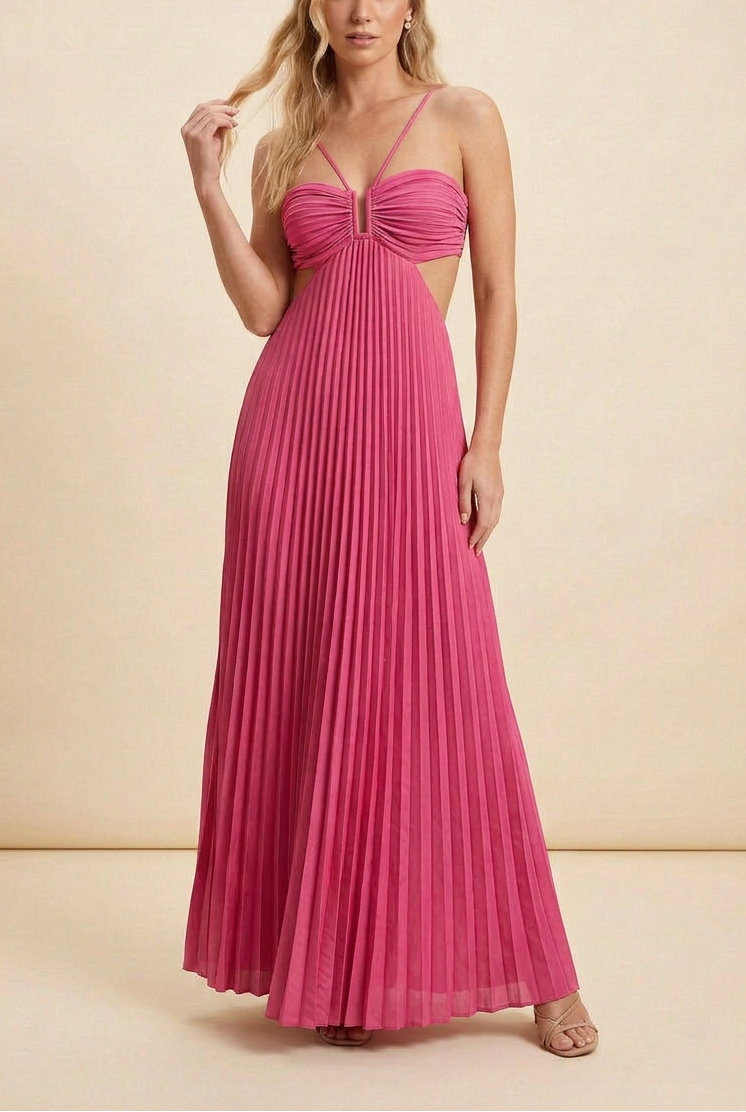 Halter Neck Pleated Satin Open-Back Maxi Dress